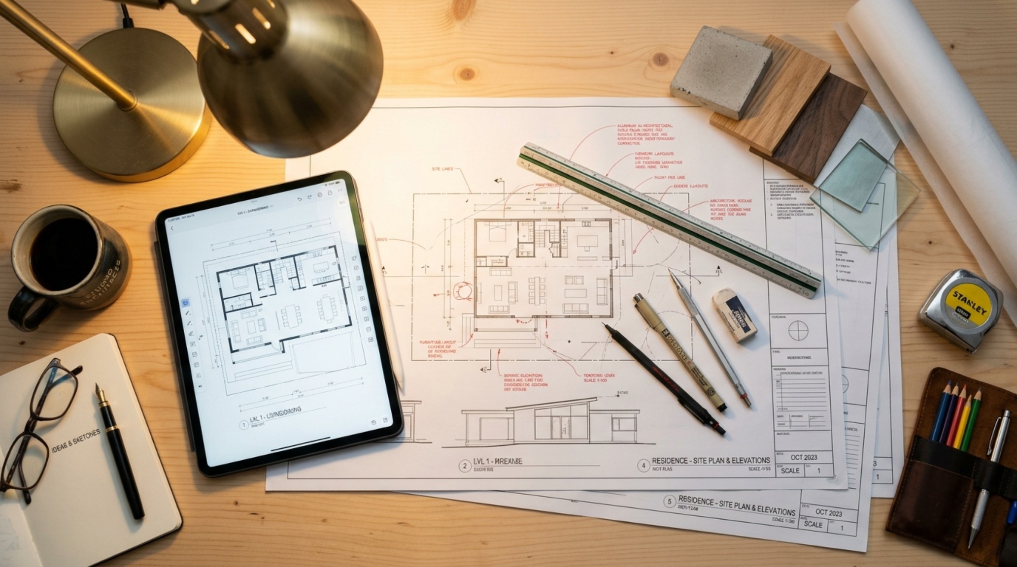 DIY home layout strategies visualized through a professional drafting desk with CAD software, architectural rulers, and blueprints for a sustainable custom home