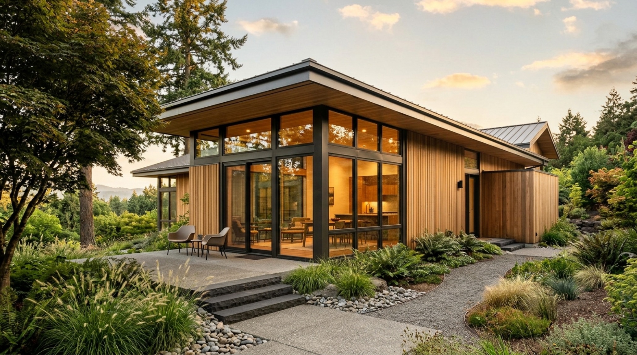 sustainable custom home design showcasing a modern exterior with 24-inch deep eaves, floor-to-ceiling triple-pane glazing, and natural cedar cladding