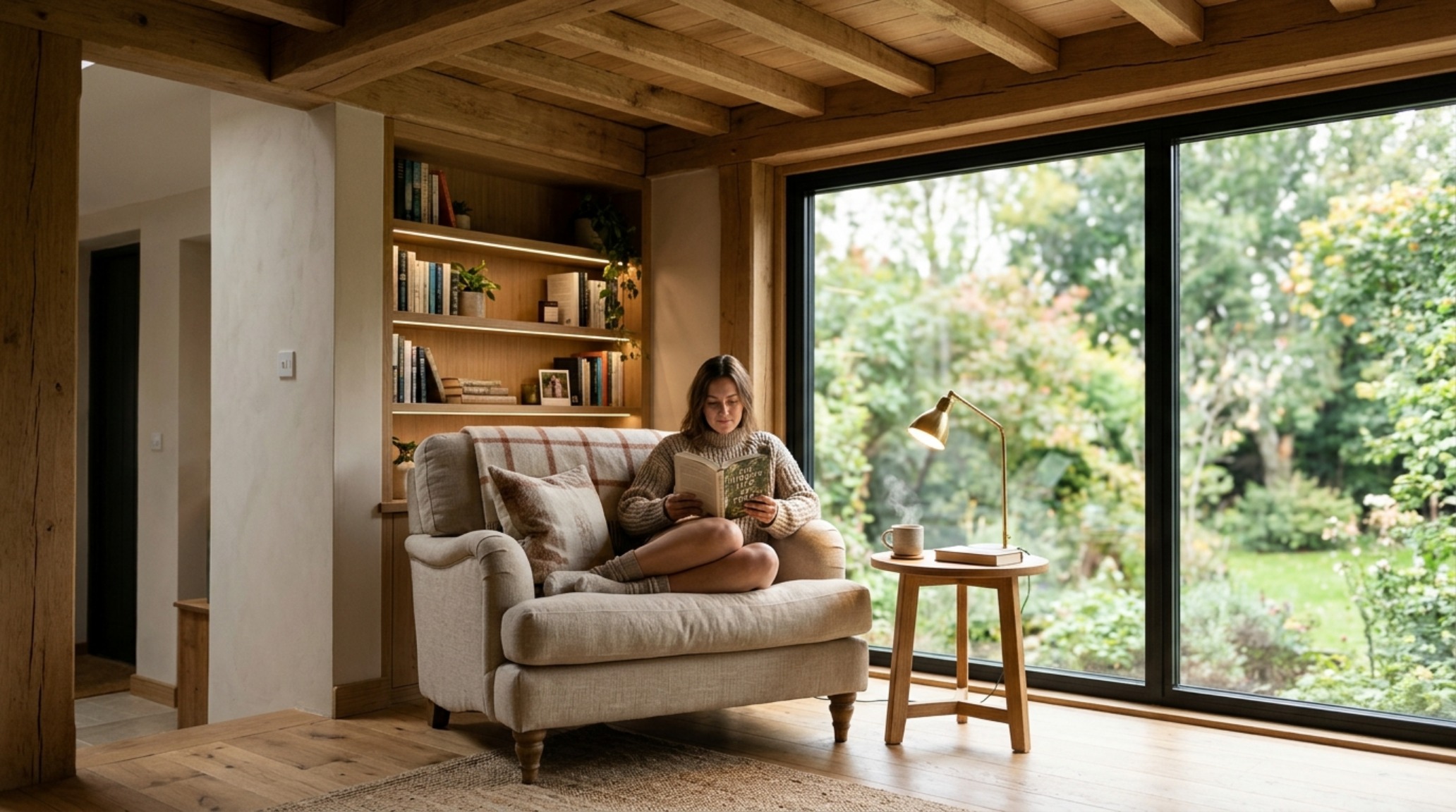 spatial planning for interiors with a focus on a reading nook featuring a 9-foot coffered ceiling and built-in rift-sawn oak shelving