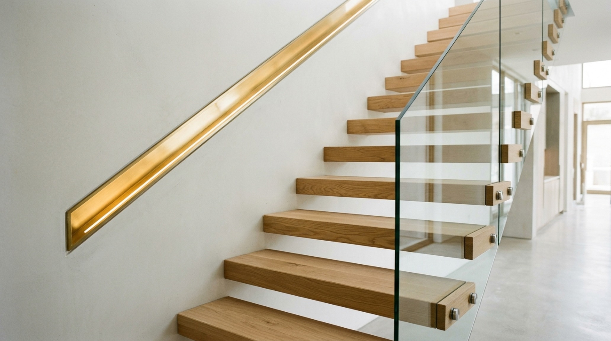 residential structural flow highlighting a floating white oak staircase with a recessed brass handrail and integrated step lighting at 2700K