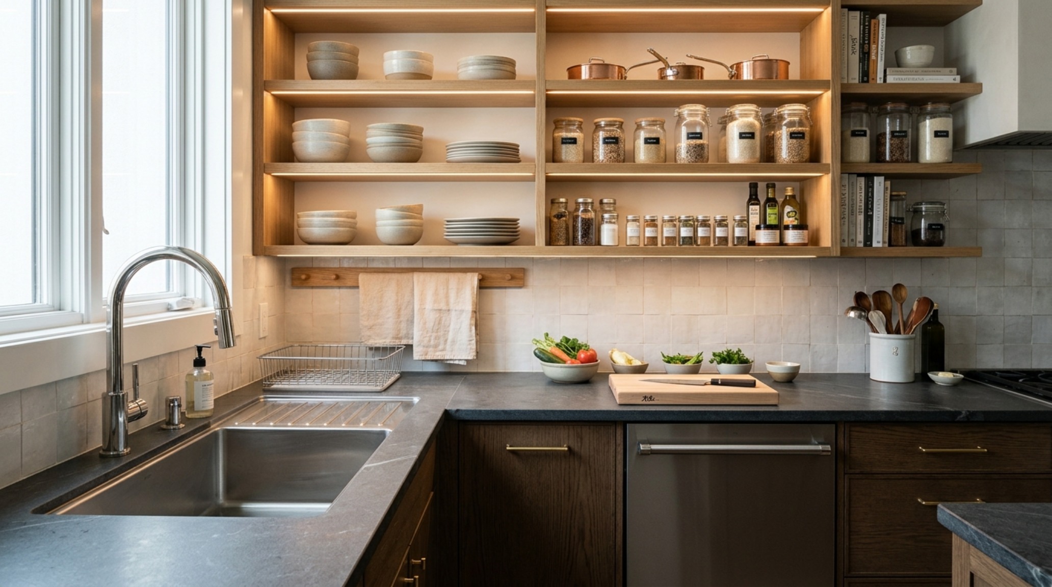 ergonomic kitchen clearances in a luxury scullery featuring a 30-inch deep countertop and 18-inch clearance between the faucet and upper shelving
