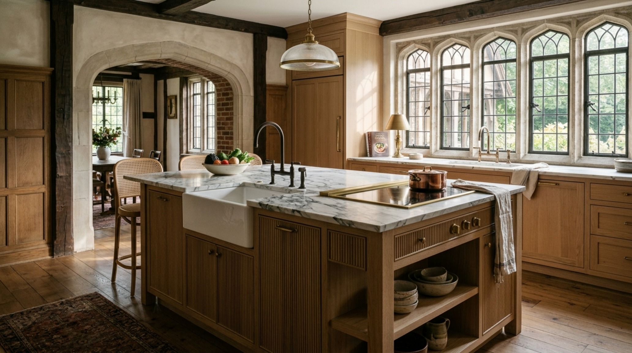 A wide-angle architectural shot of a high-function kitchen island with Arabescato marble and white oak cabinetry from a home tour blair moore rhode island decor ideas project.