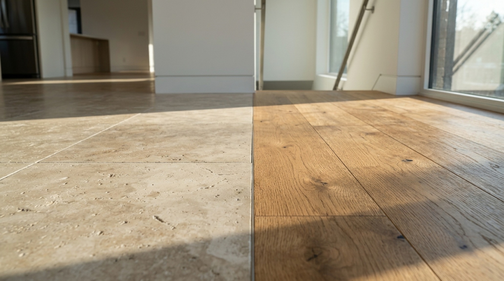Honed travertine flooring meeting wide-plank oak wood with a seamless transition, emphasizing tactile grounding in modern design.