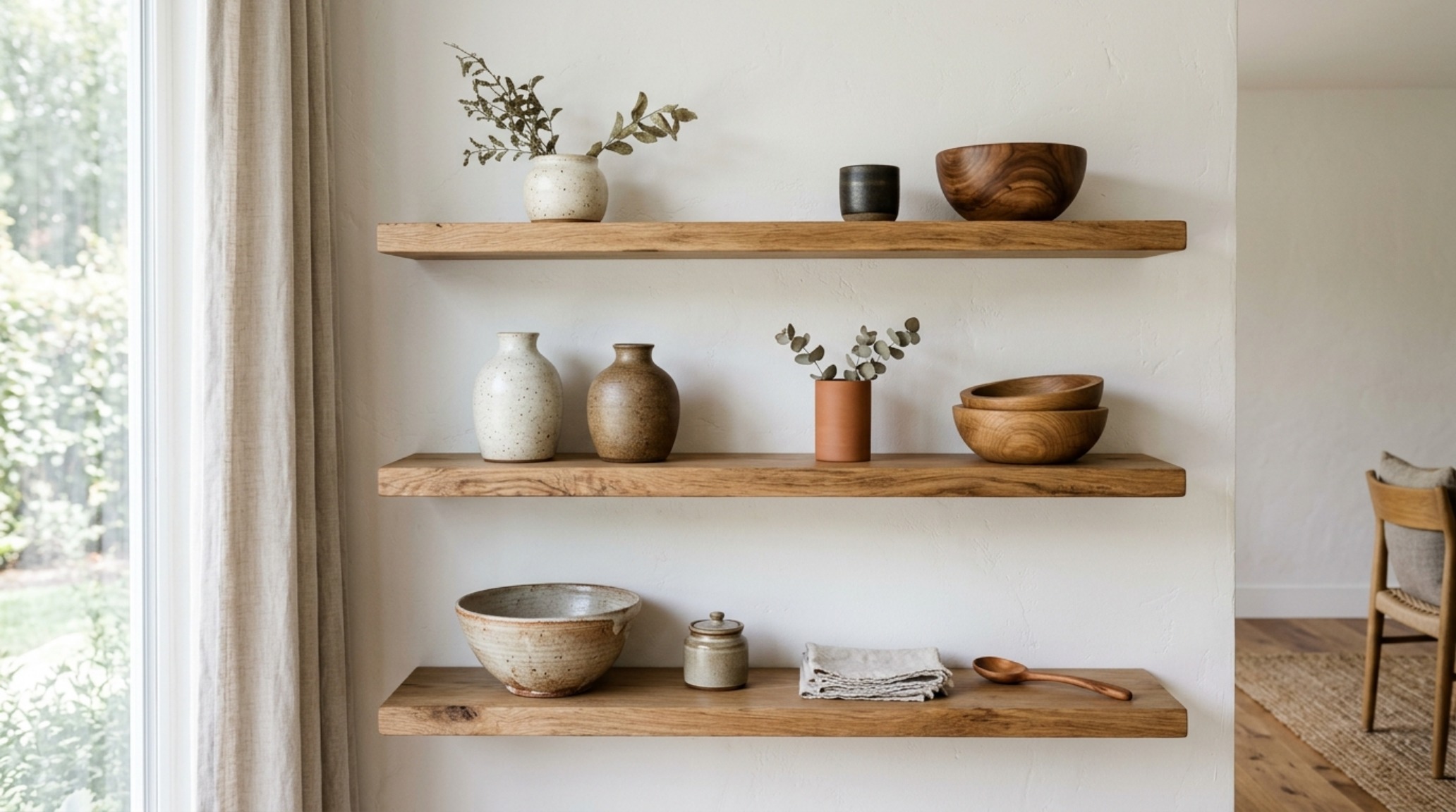 Minimalist open shelving featuring handcrafted ceramics and artisanal oils in a Moore House Design kitchen layout.