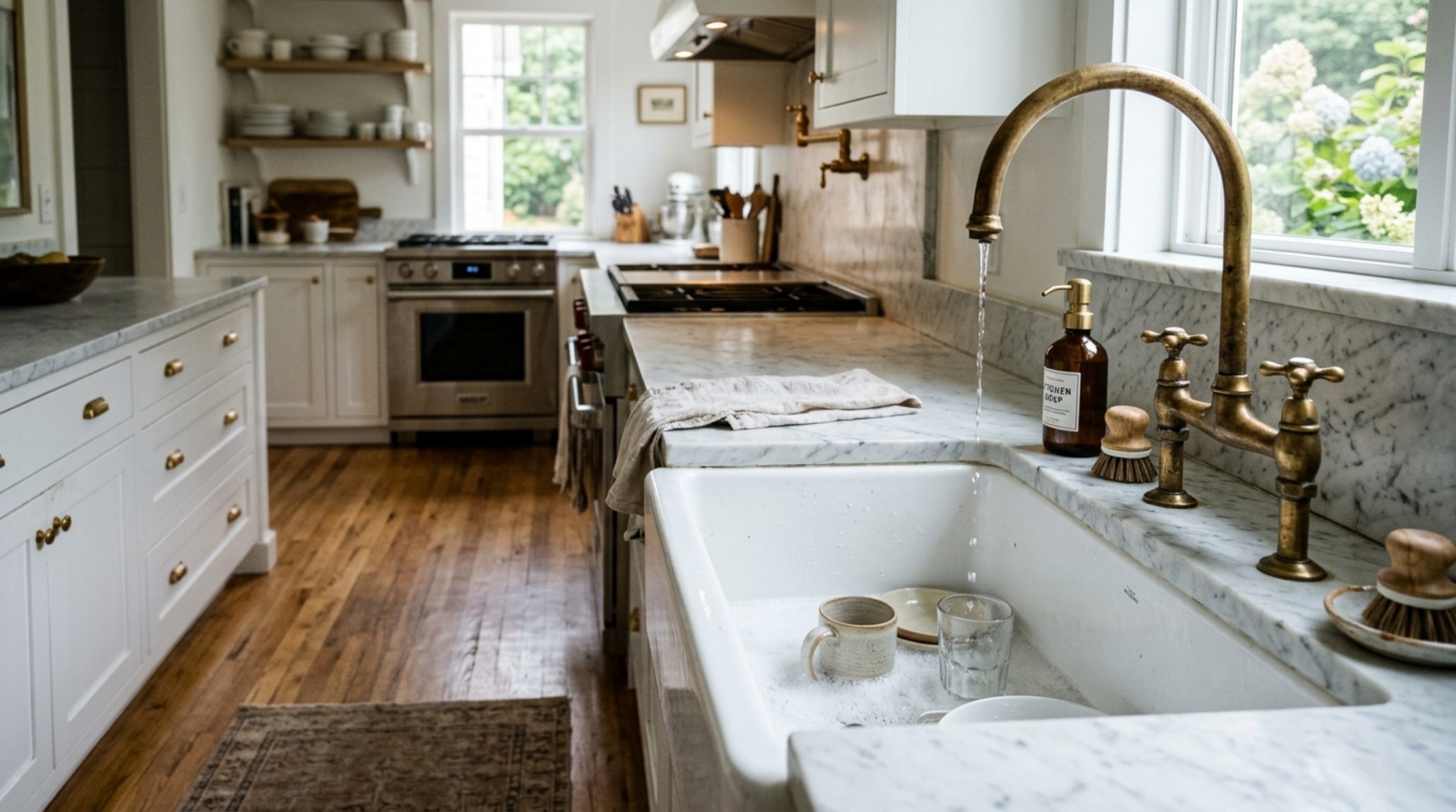 A deep porcelain apron-front sink integrated into a marble countertop with unlacquered brass accents and 36-inch walkway clearance.
