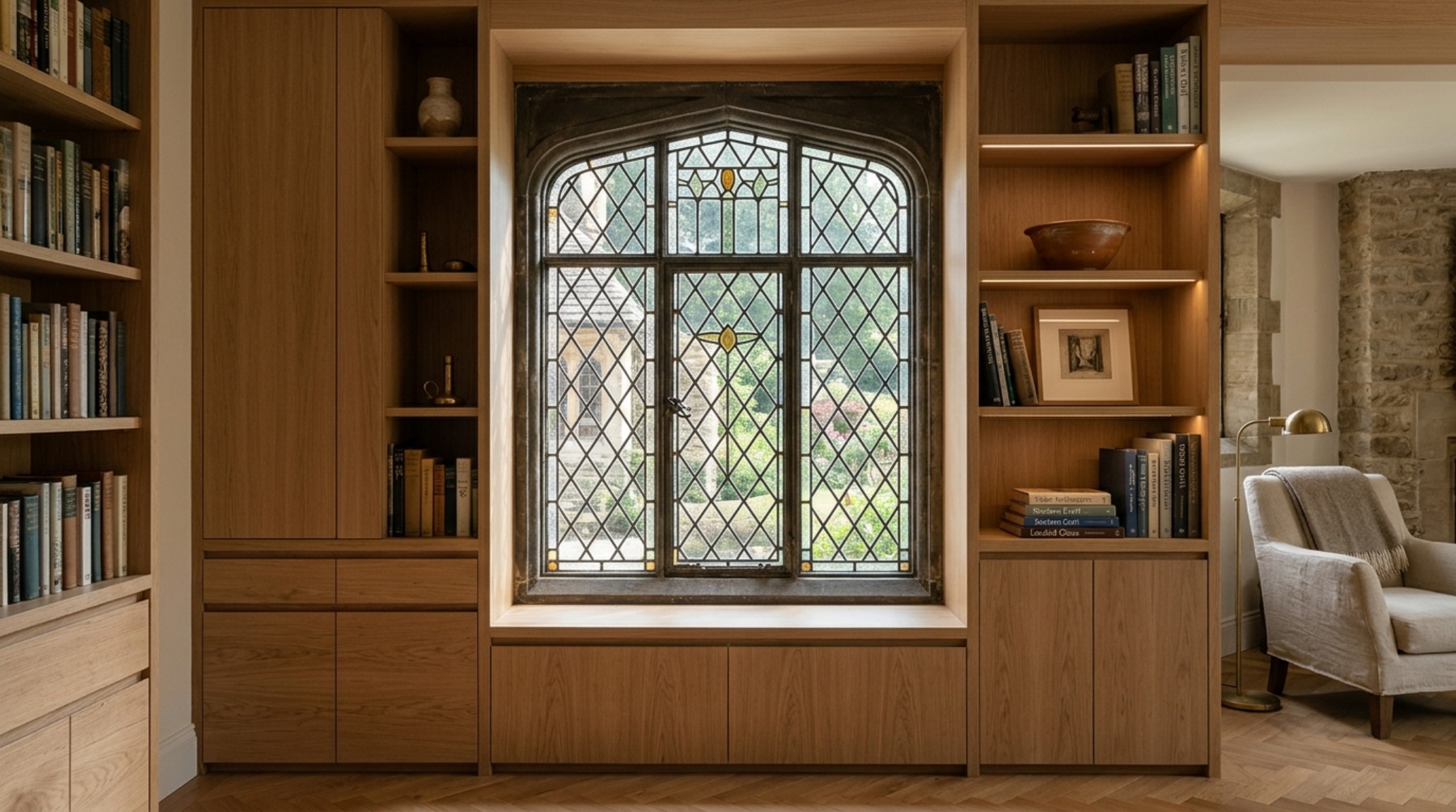 The intersection of a historic leaded glass window and modern minimalist cabinetry in a Rhode Island Tudor revival renovation.