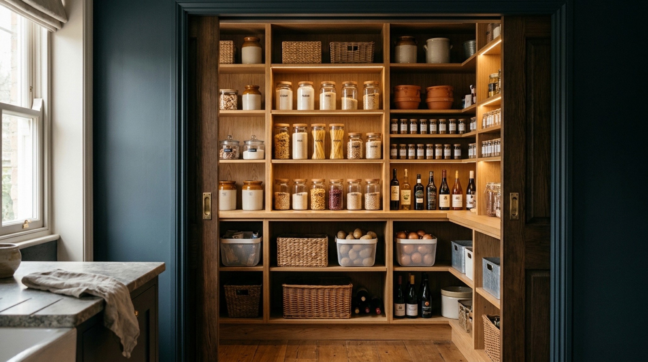 Bespoke pantry storage with integrated pocket doors and fluted wood details, showcasing invisible organization in a Tudor revival renovation.