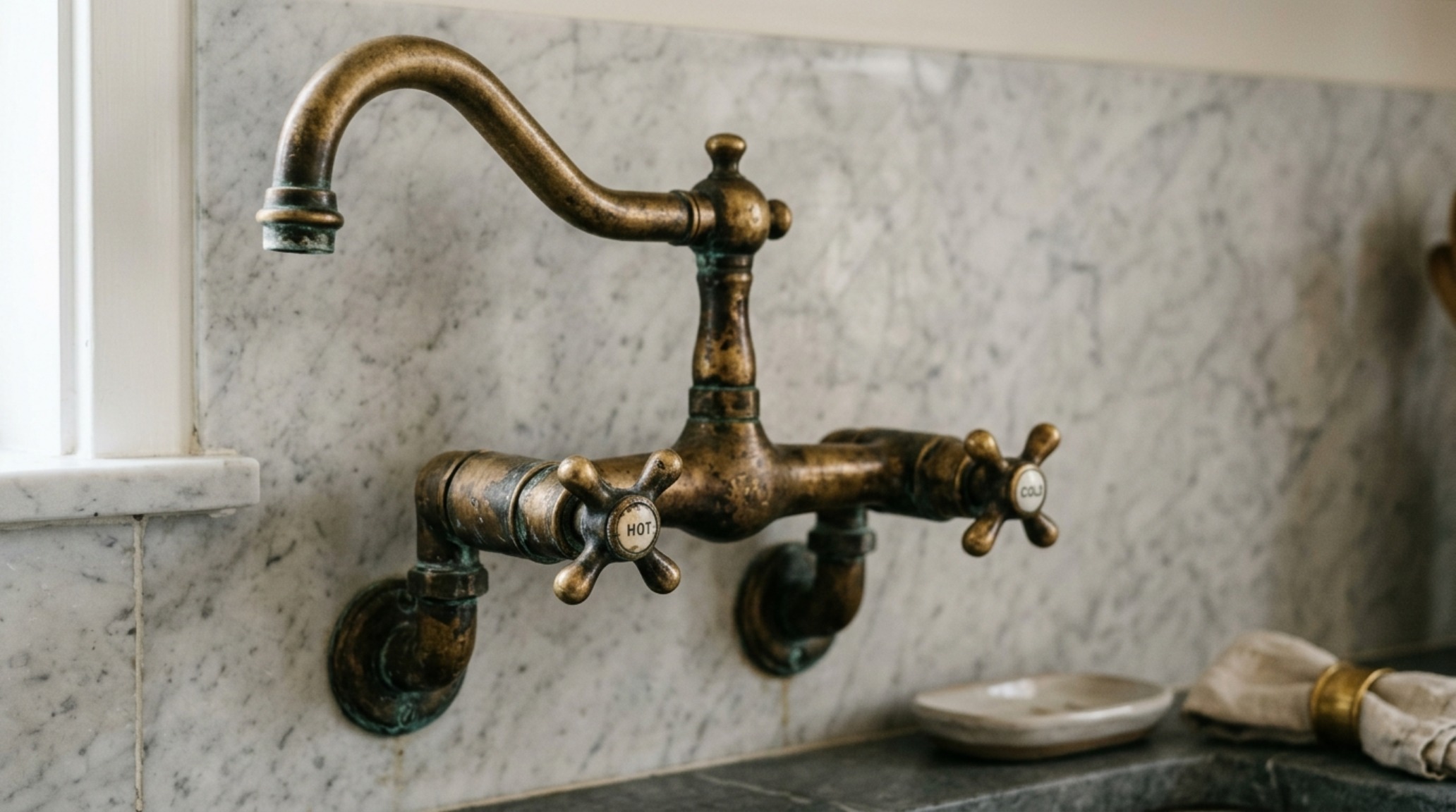 Close-up of unlacquered brass kitchen hardware and a bridge faucet against a honed stone backsplash with soft afternoon sunlight.