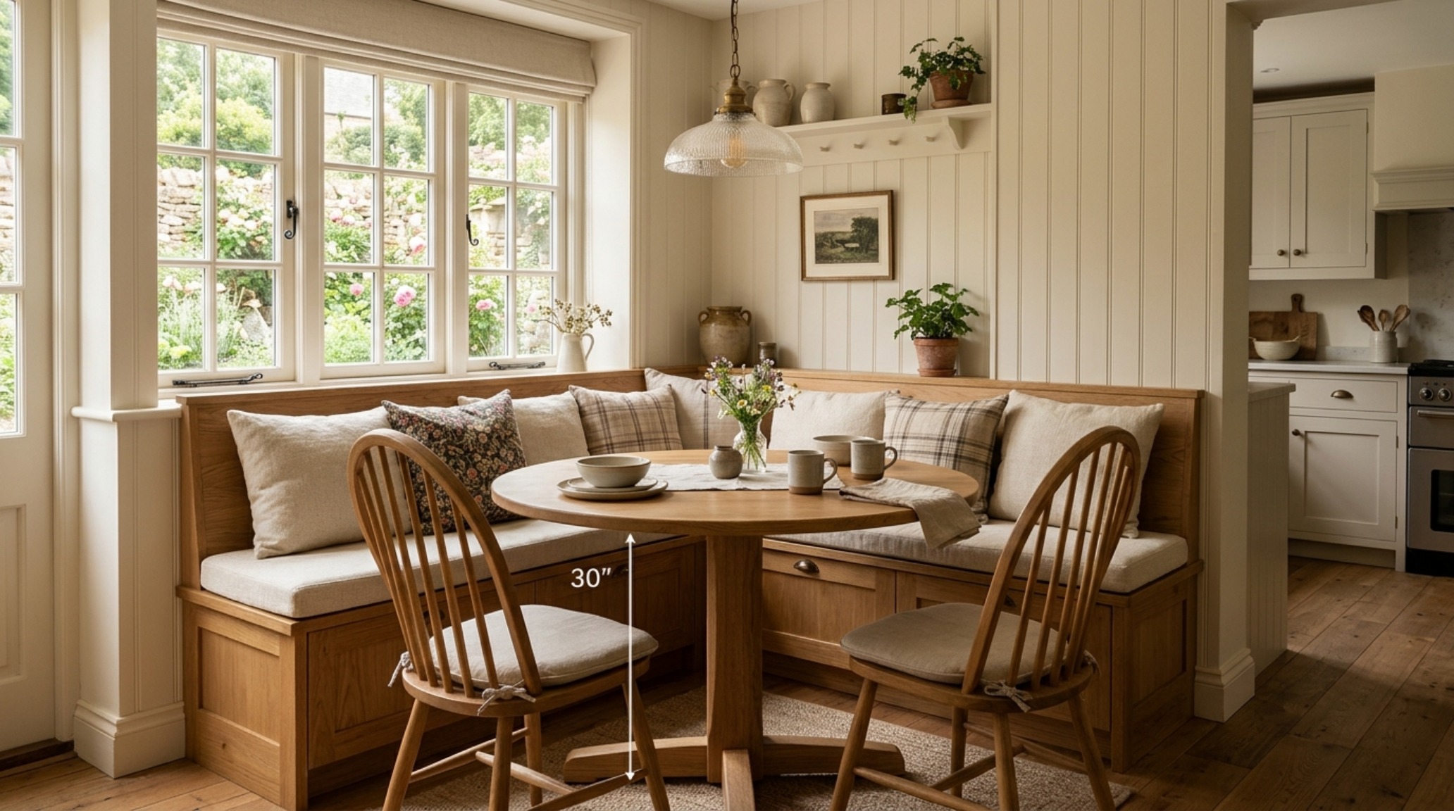 A cozy breakfast nook featuring a built-in bench and 30-inch clearance seating, illustrating modern home tour blair moore rhode island ideas.