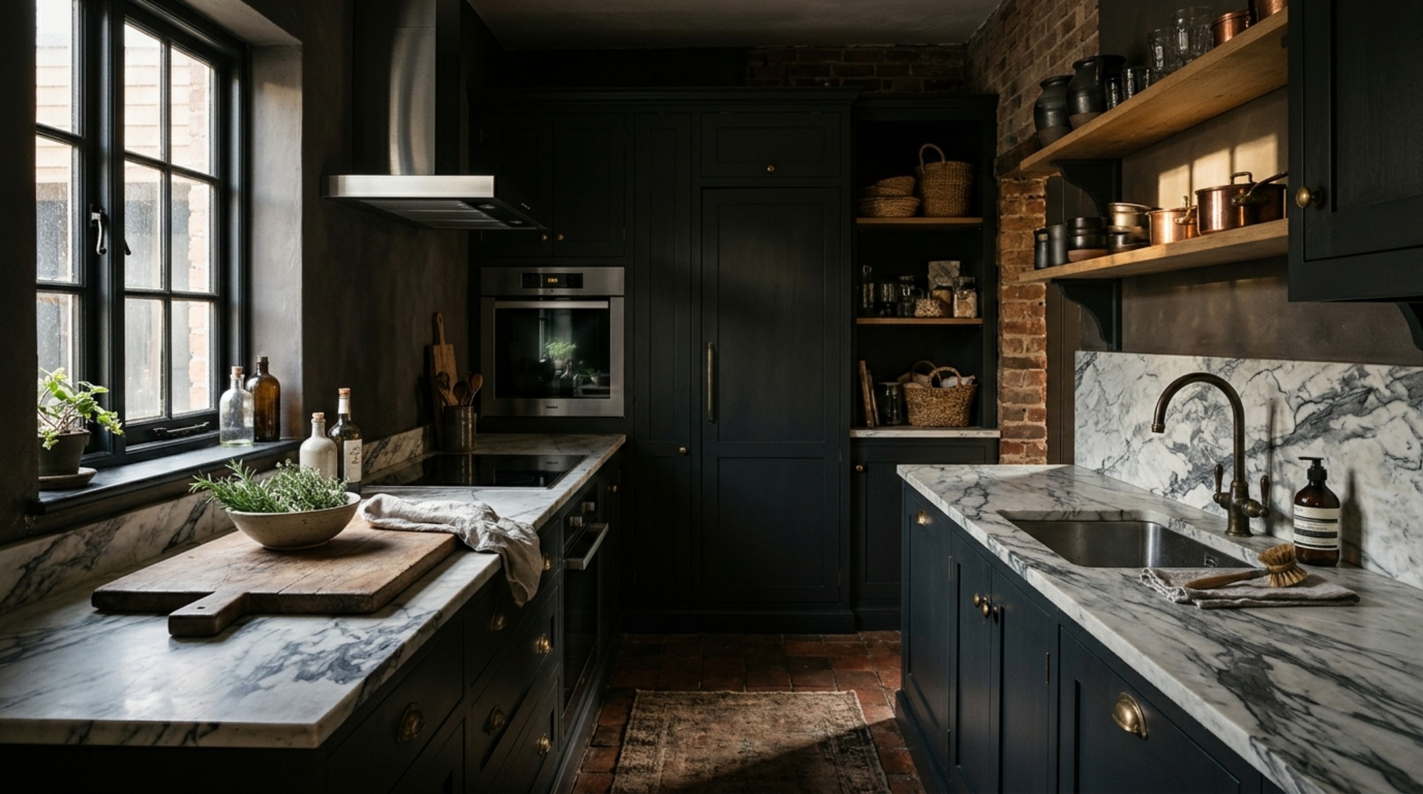 A professional-grade kitchen scullery with integrated appliances and moody English cottage interior design color palettes.
