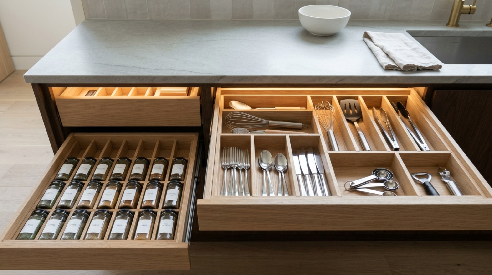 Rift-sawn white oak cabinetry drawers featuring custom organization inserts for cutlery and kitchen tools in an organic modern style.