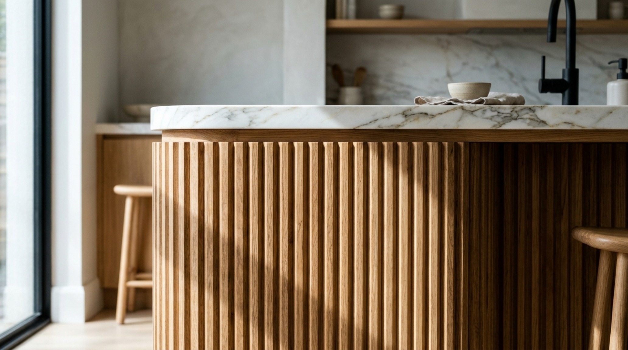 Detail of a fluted oak kitchen island base with a subtle 12-inch overhang for seating in a Blair Moore Rhode Island project.