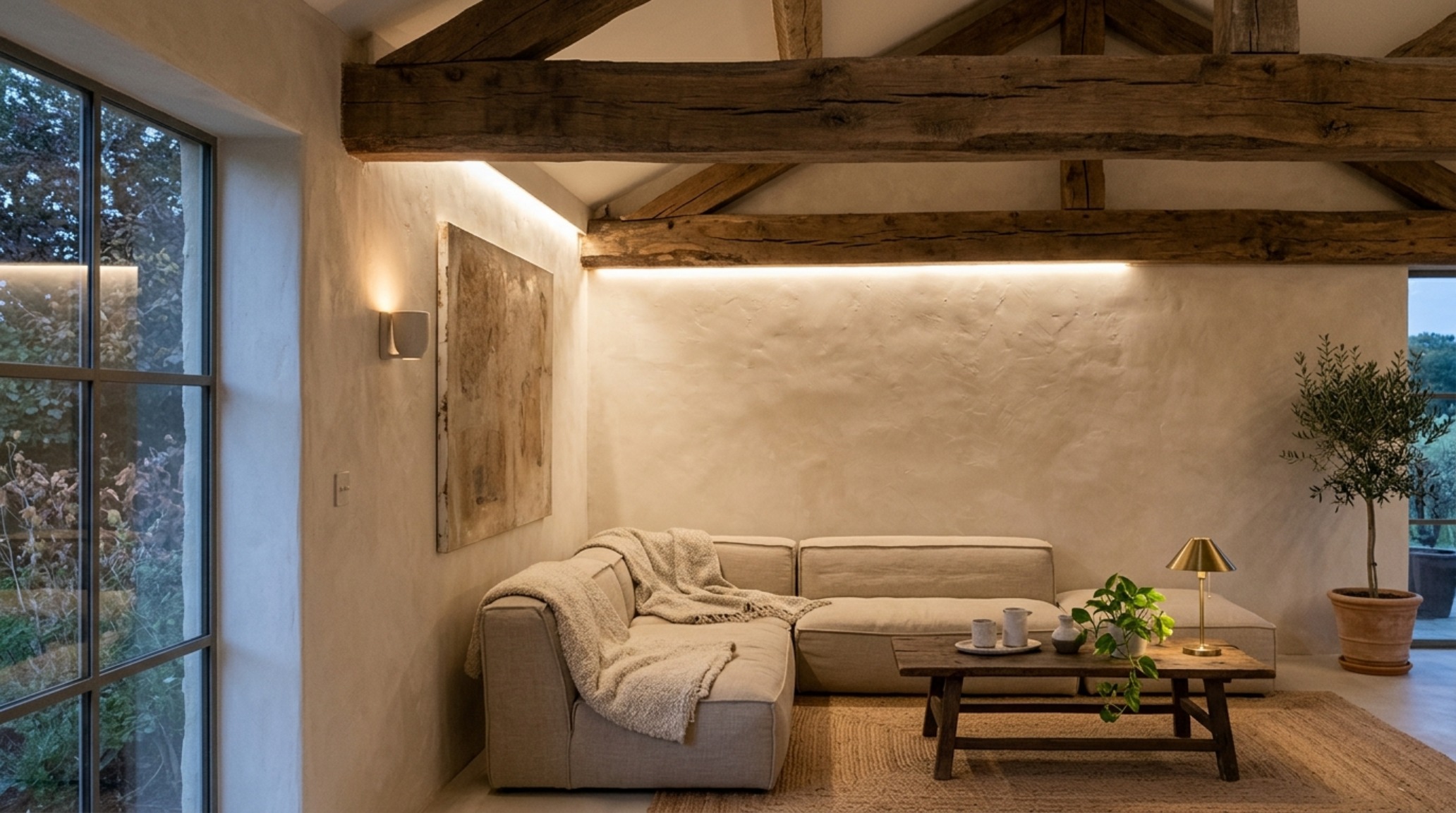 Soft 2700K ambient lighting illuminating a limewash wall and reclaimed wood ceiling beams in a historic Tudor kitchen.