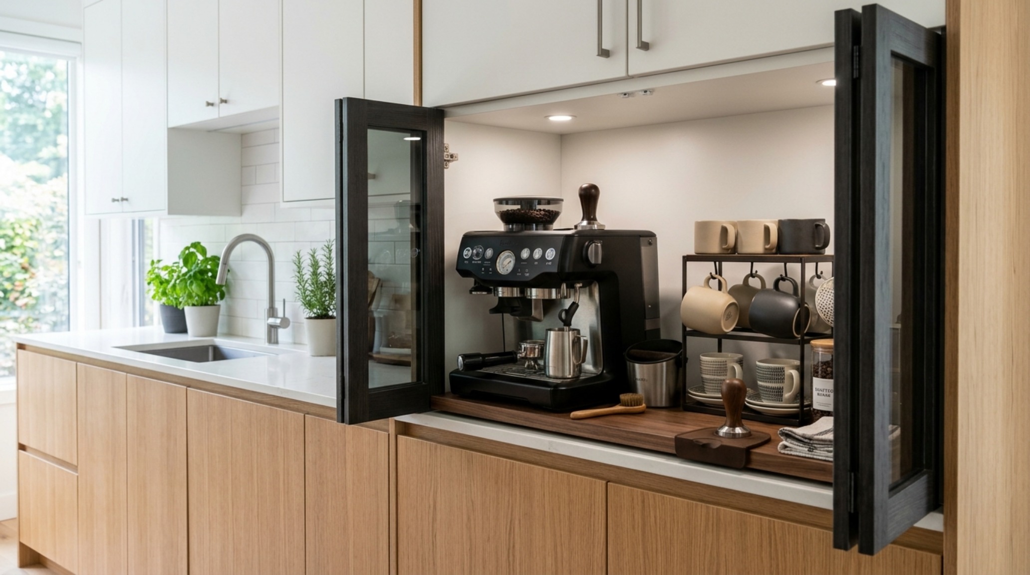 A hidden appliance garage with bifold doors open to reveal an organized coffee station and high-end espresso machine.