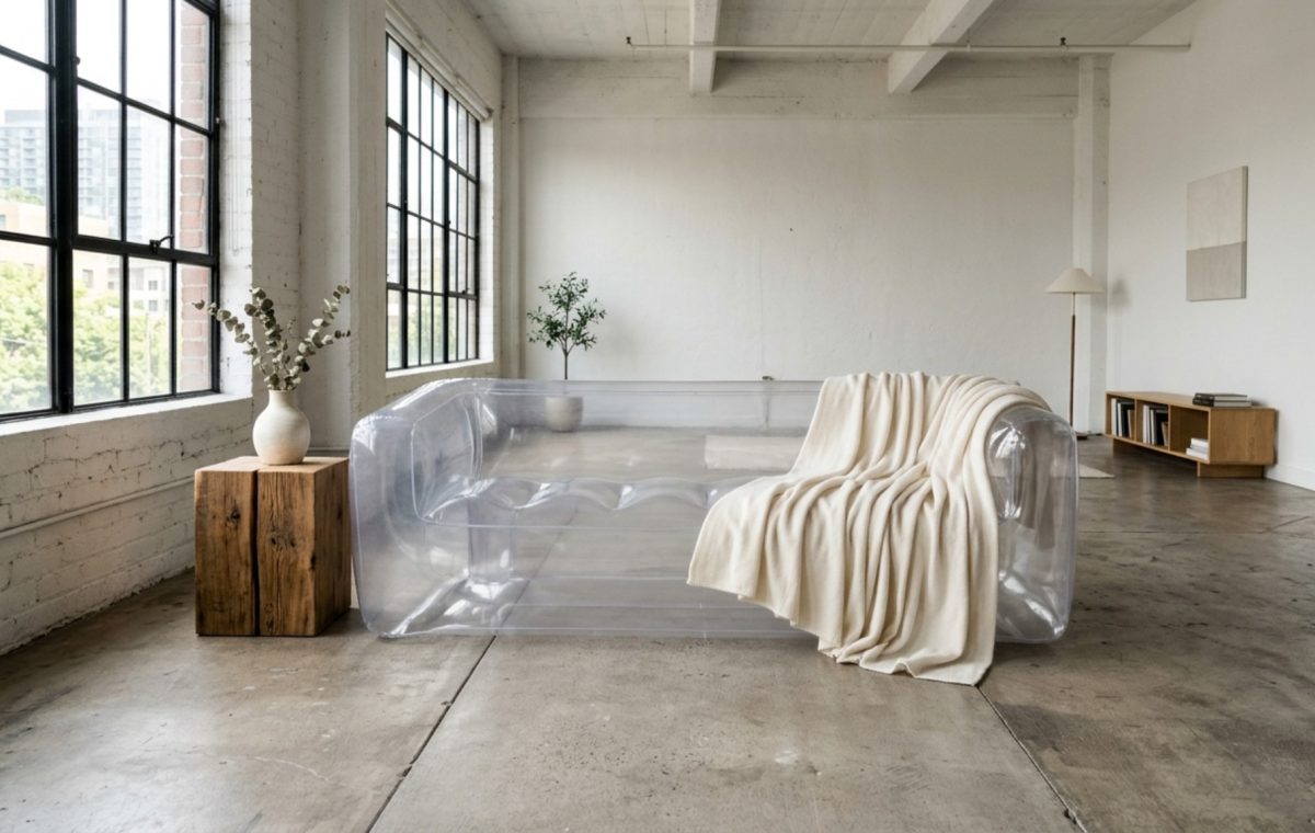 A bright, minimalist loft featuring a clear inflatable sofa paired with a raw timber side table and 36-inch walkway clearance.