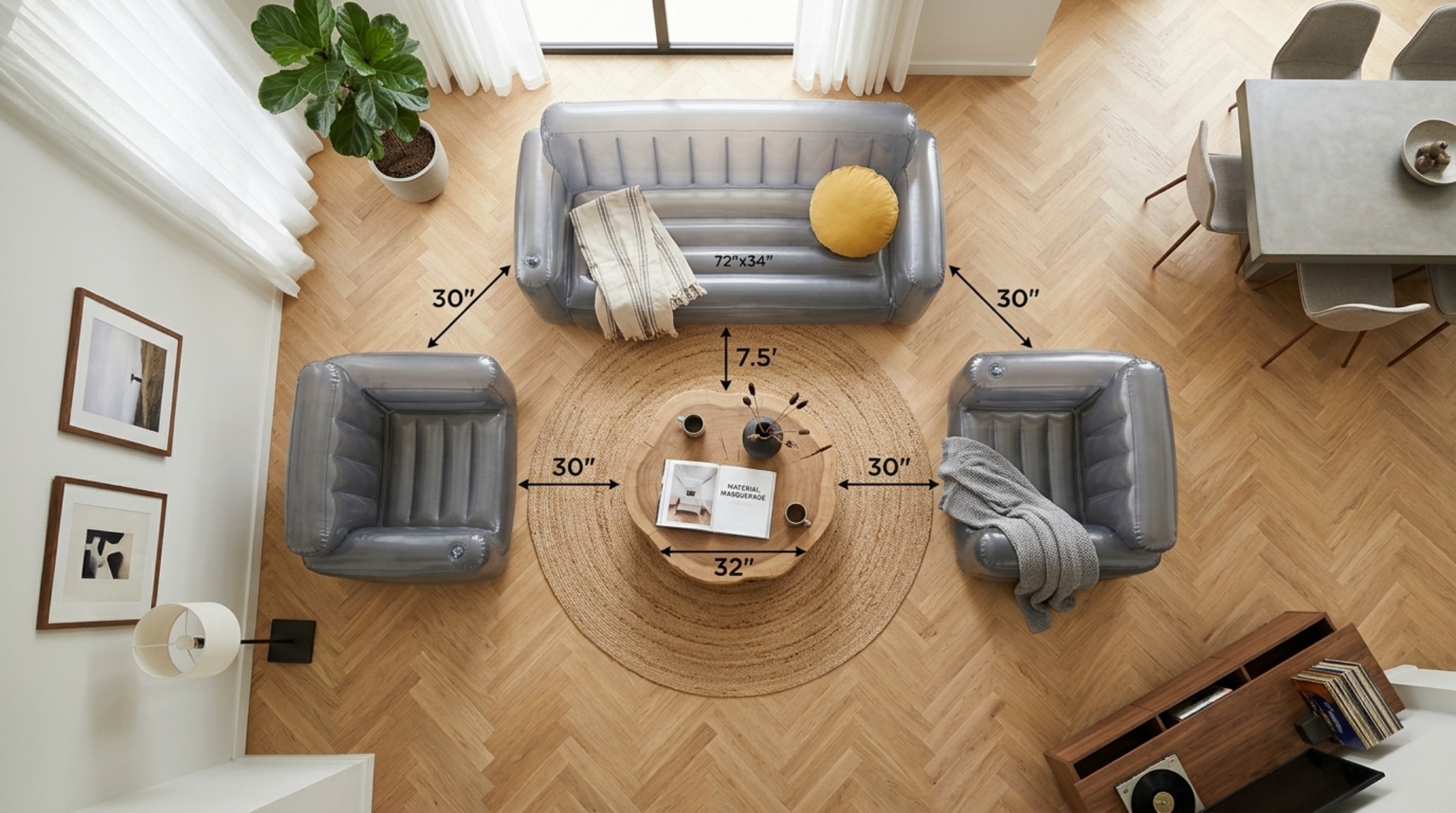 Symmetry and sightlines in a modern apartment featuring two inflatable chairs arranged for optimal conversation flow.