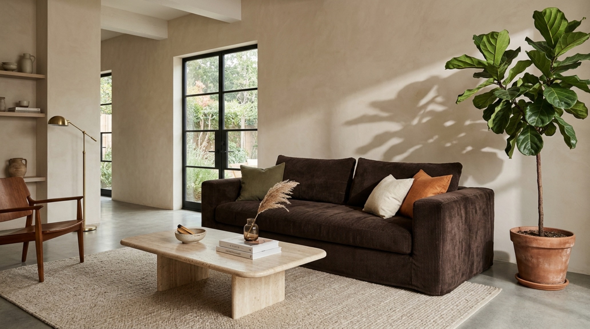 An elegant living room layout showing an inflatable sofa with a custom corduroy cover and a 18-inch high travertine coffee table.