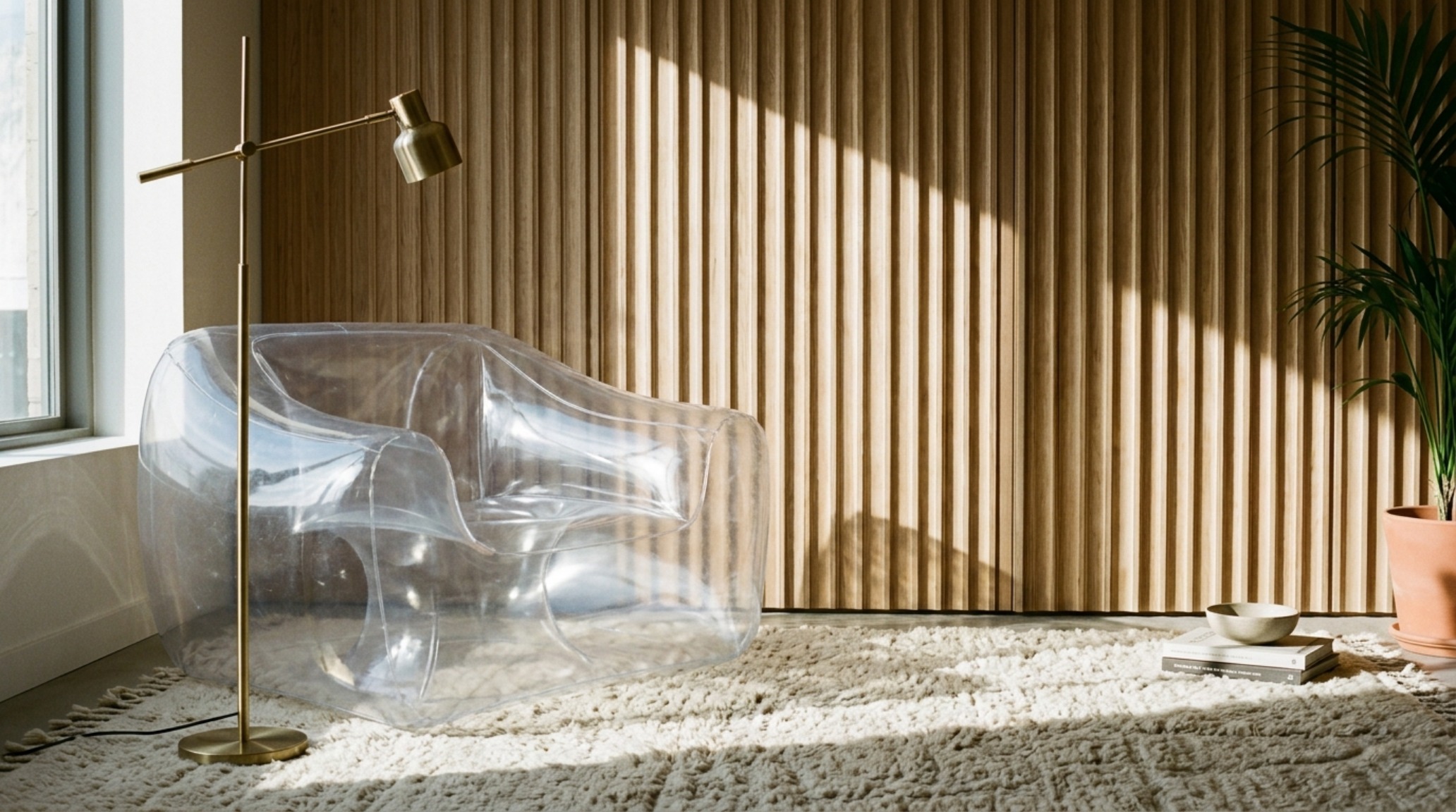 Tactile contrast between a smoke-grey inflatable lounger and a textured jute rug in a sun-drenched architectural space.