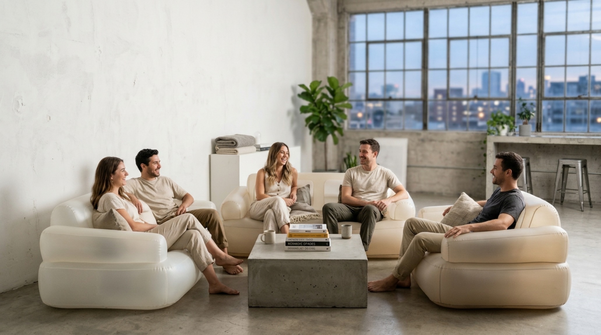 Modern nomadic living room with a portable inflatable seating arrangement, limewash walls, and high-performance textiles.