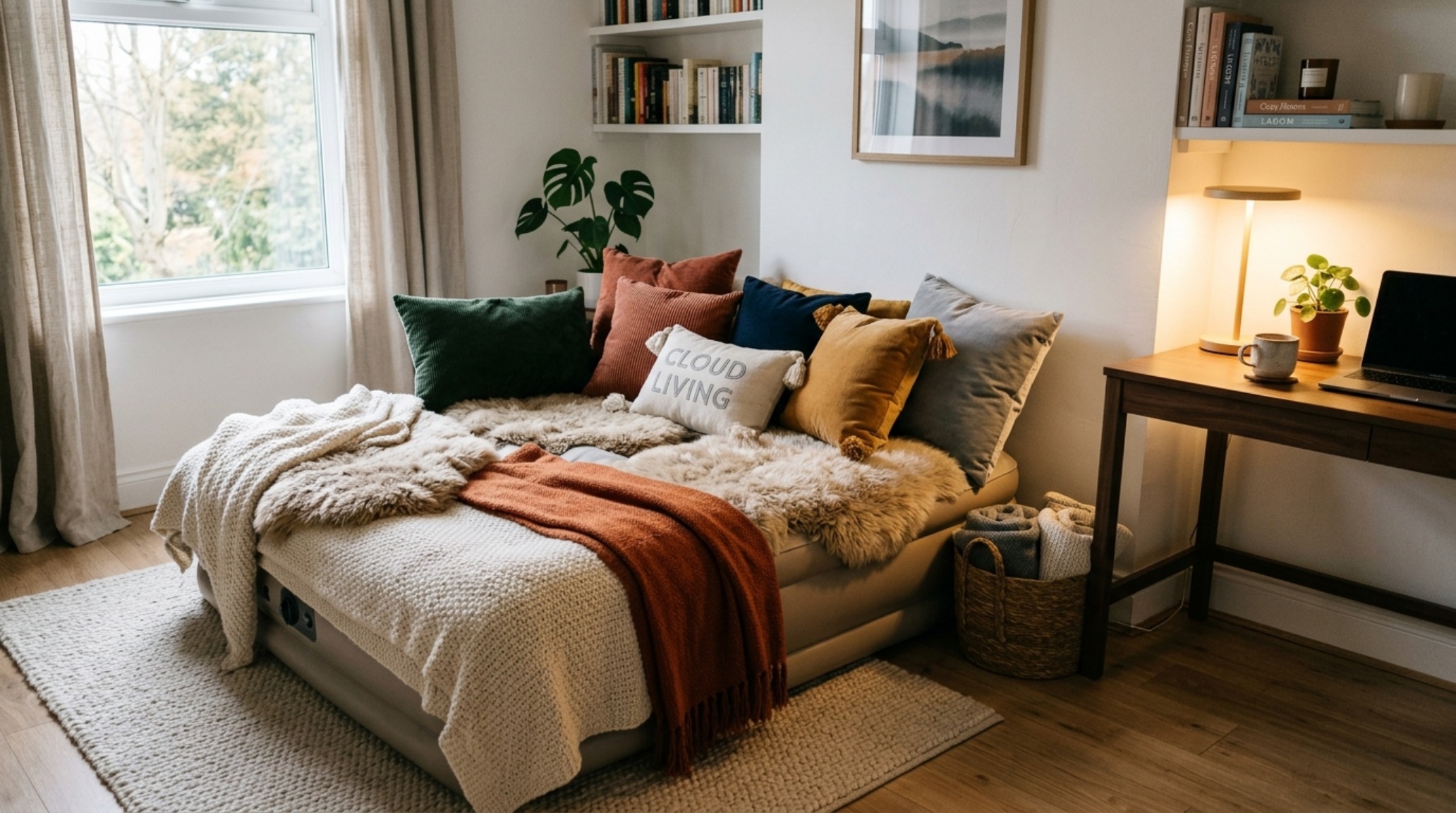 A cozy reading nook created with an inflatable sofa, a heavy wool throw, and a fluted white oak bookshelf.