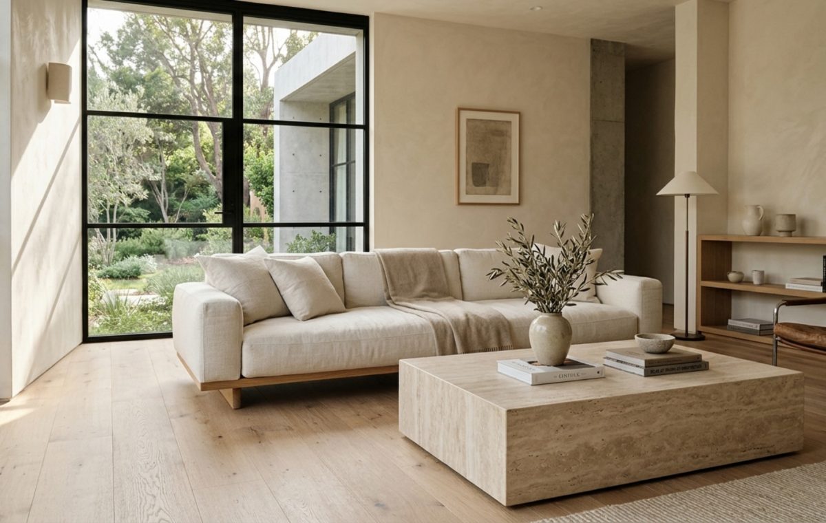 house design blogs featuring a minimalist living room with honed travertine coffee table and rift-sawn white oak flooring in 2700K natural light