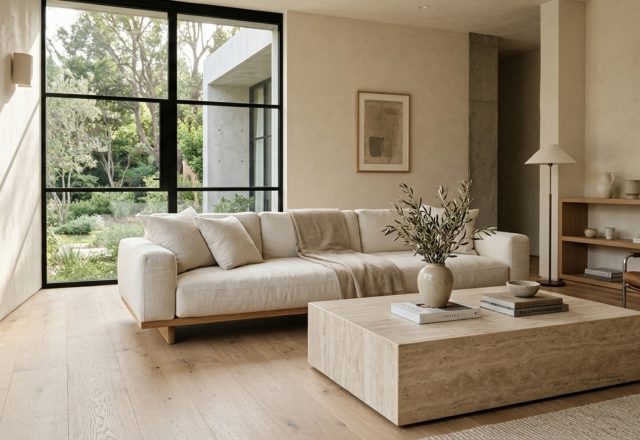 house design blogs featuring a minimalist living room with honed travertine coffee table and rift-sawn white oak flooring in 2700K natural light