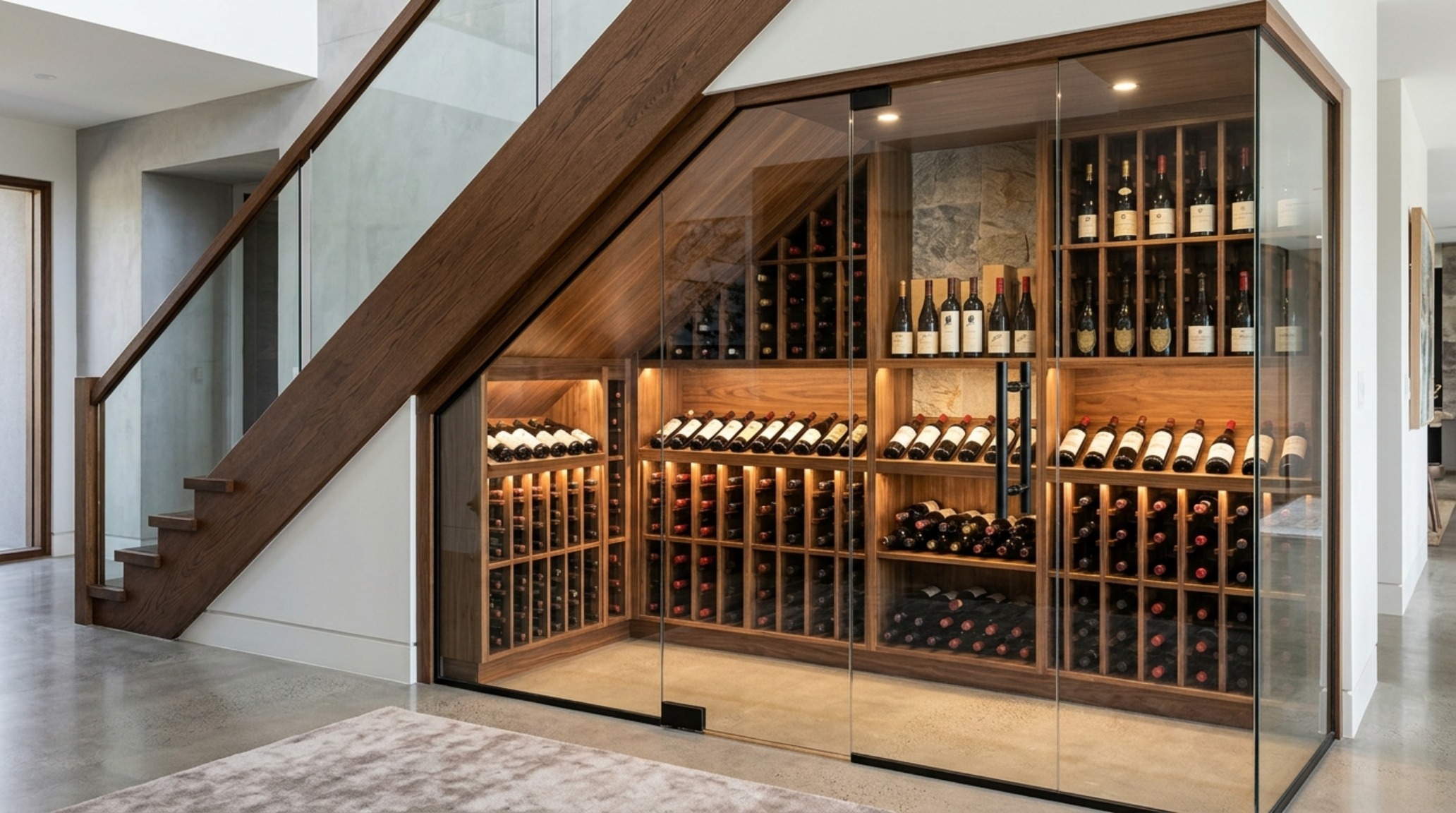 small space storage solutions highlighting a clever under-stair wine cellar with frameless glass and climate-controlled timber racks
