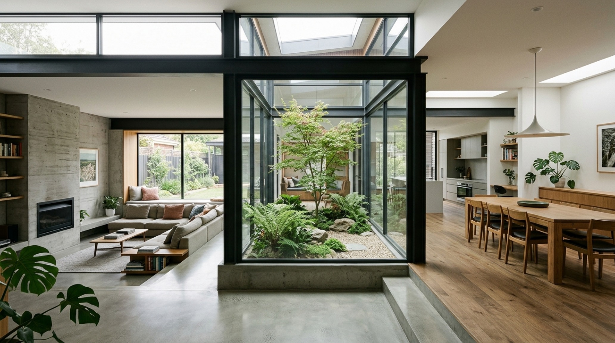 modern floor plan layouts showcasing a broken-plan living area with glass partitions and seamless indoor-outdoor transitions