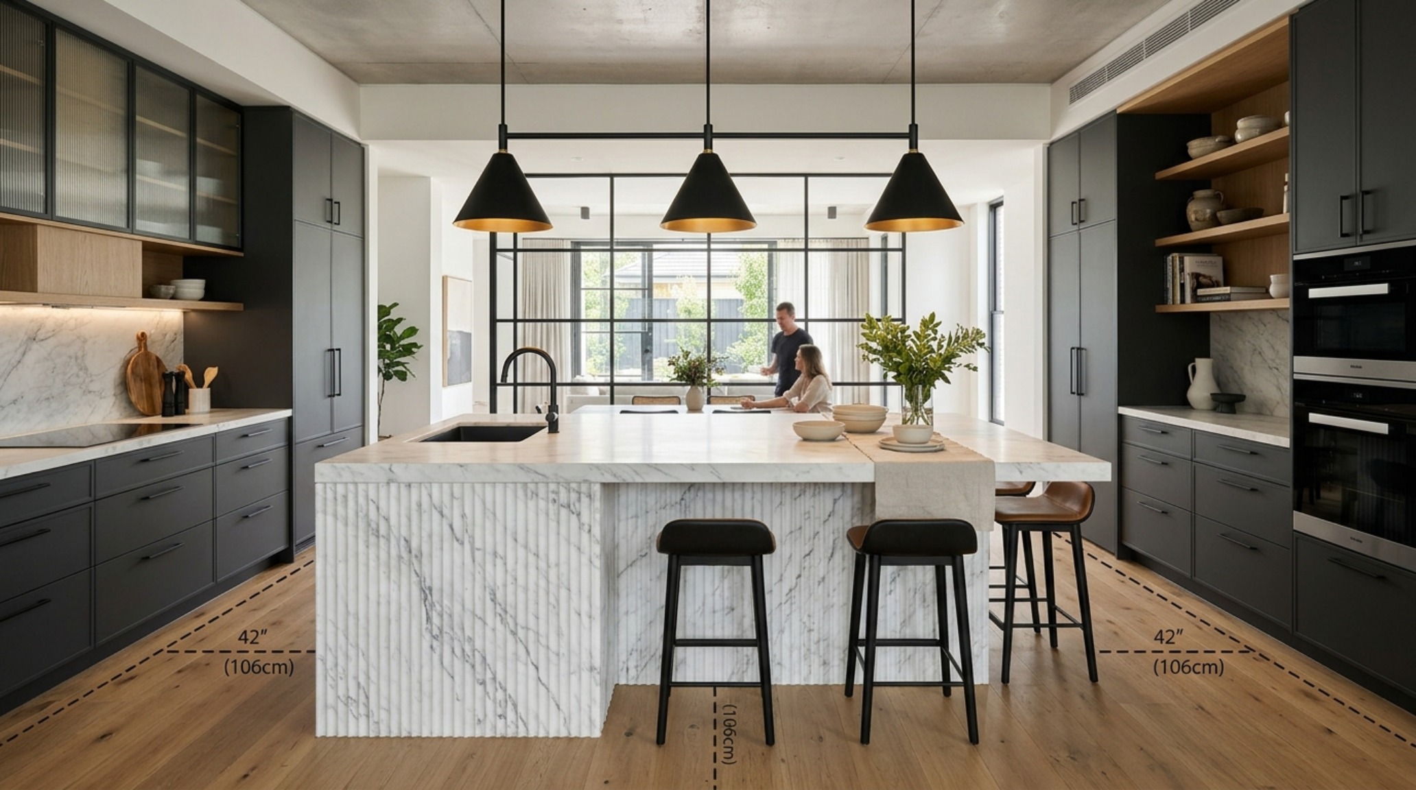best architecture sites 2025 showcasing a contemporary kitchen island in fluted marble with 42-inch circulation clearances