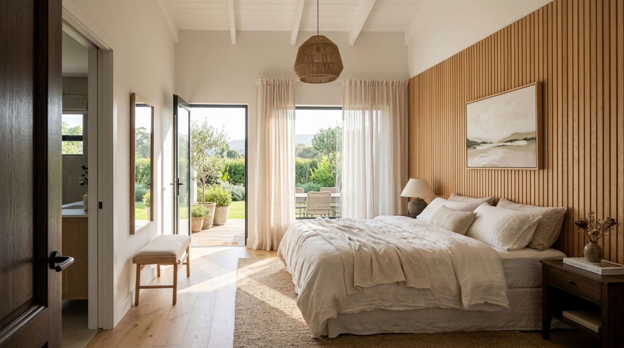 modern floor plan layouts highlighting a master suite with 10-foot ceilings and framed views of a private courtyard garden