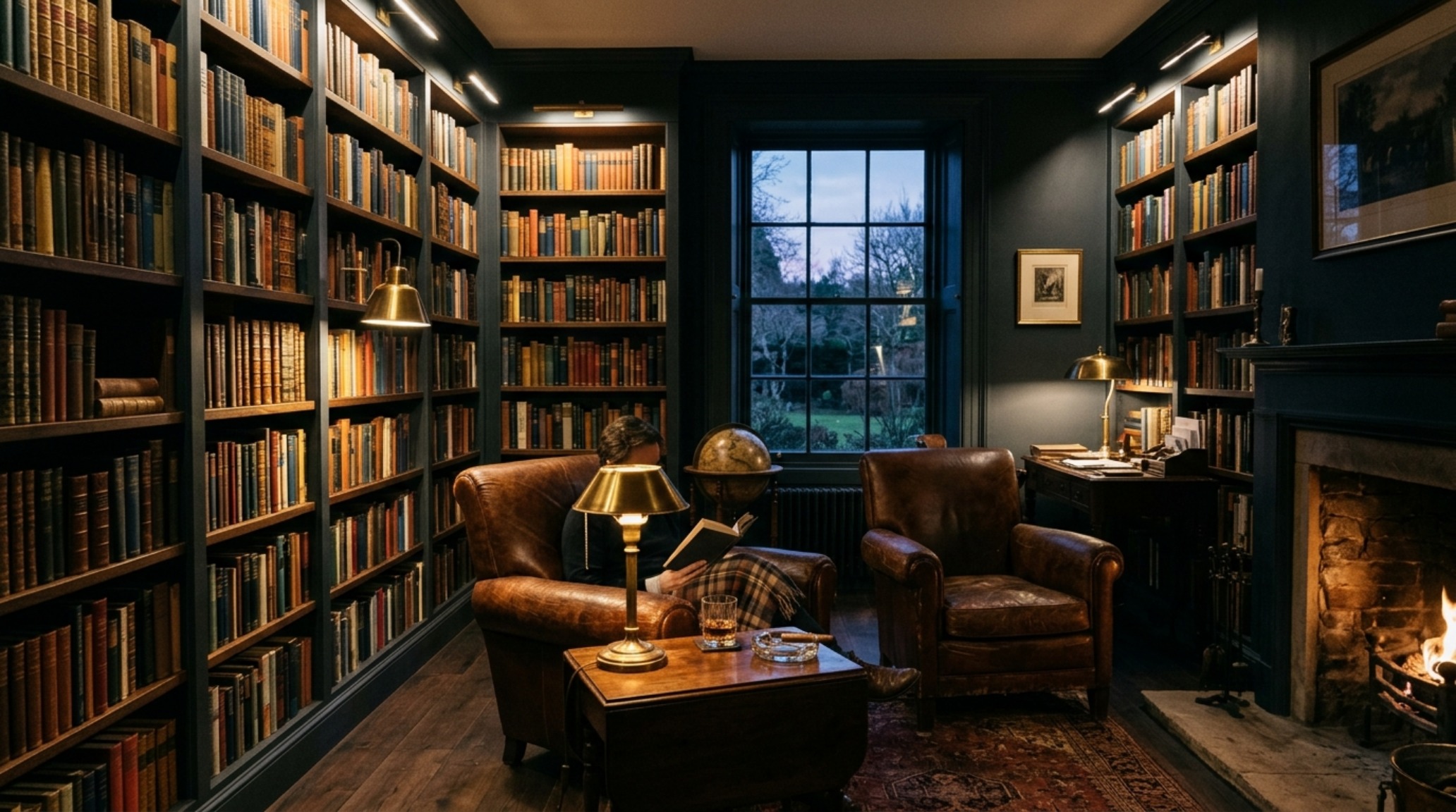 luxury home design ideas illustrating a moody den with dark charcoal walls and high CRI 90+ recessed spotlighting for texture