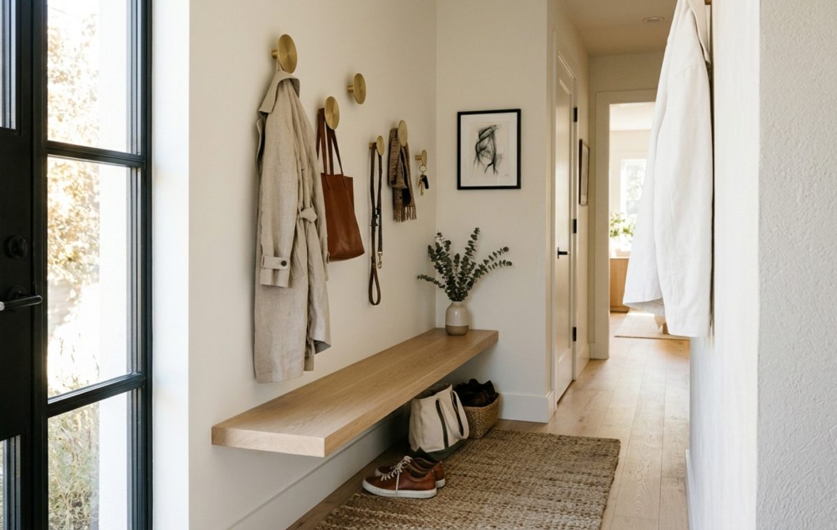 Entryway drop zone plans featuring a slim white oak bench and staggered brass hooks on a warm alabaster wall.