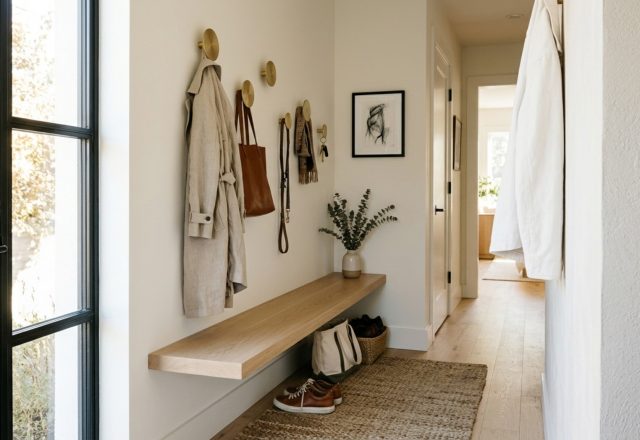 Entryway drop zone plans featuring a slim white oak bench and staggered brass hooks on a warm alabaster wall.