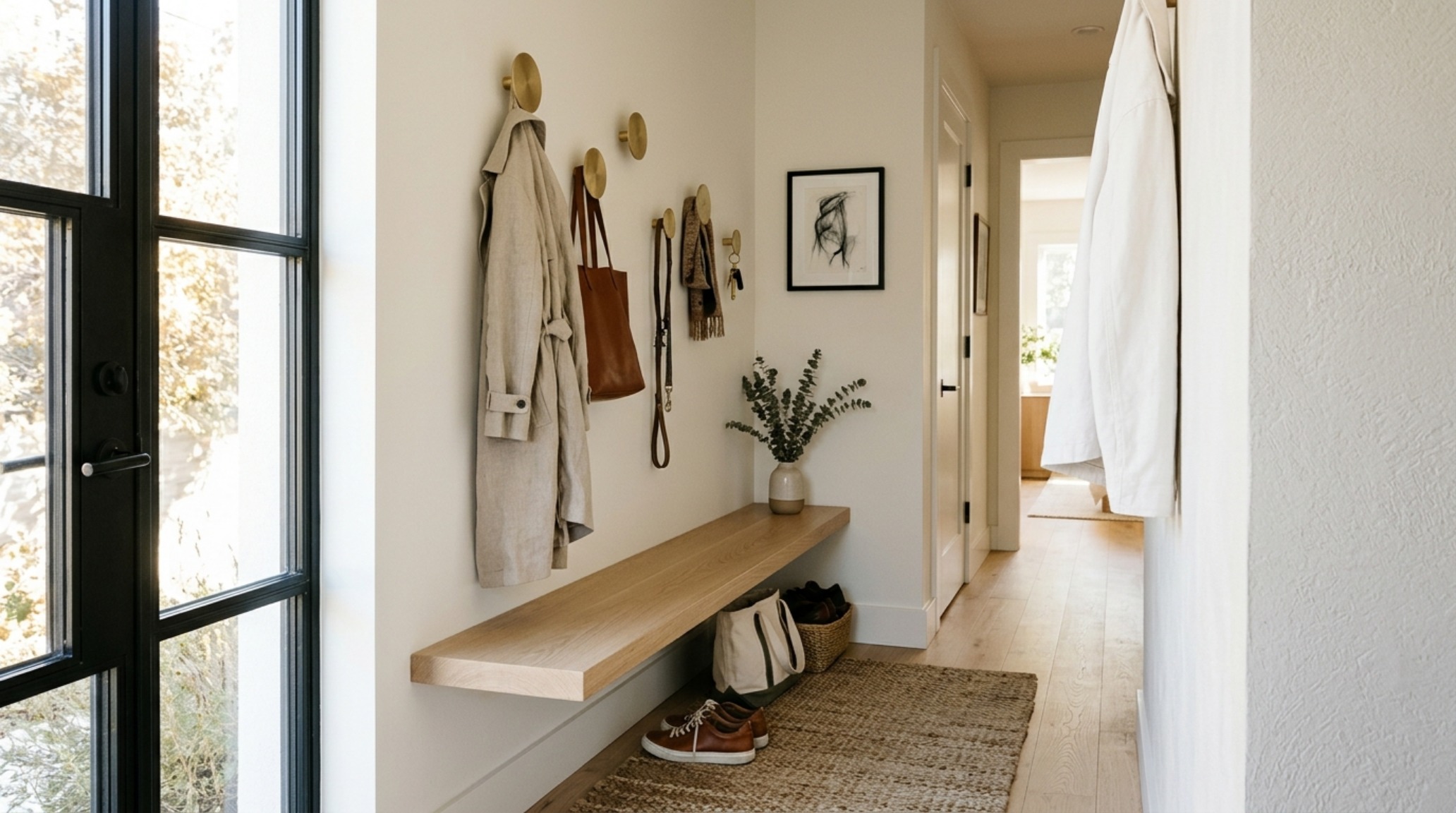 Entryway drop zone plans featuring a slim white oak bench and staggered brass hooks on a warm alabaster wall. Entryway drop zone plans featuring a slim white oak bench and staggered brass hooks on a warm alabaster wall.