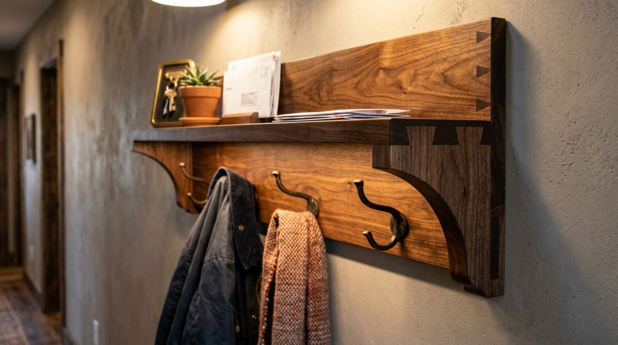Woodworking coat rack with shelf showcasing artisanal joinery and a warm 2700K lighting glow. Woodworking coat rack with shelf showcasing artisanal joinery and a warm 2700K lighting glow.