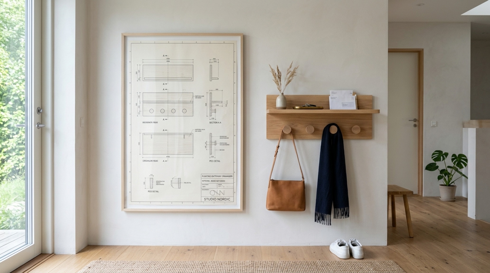 Floating entryway organizer blueprints in a modern Scandinavian home featuring natural ash wood and neutral tones. Floating entryway organizer blueprints in a modern Scandinavian home featuring natural ash wood and neutral tones.