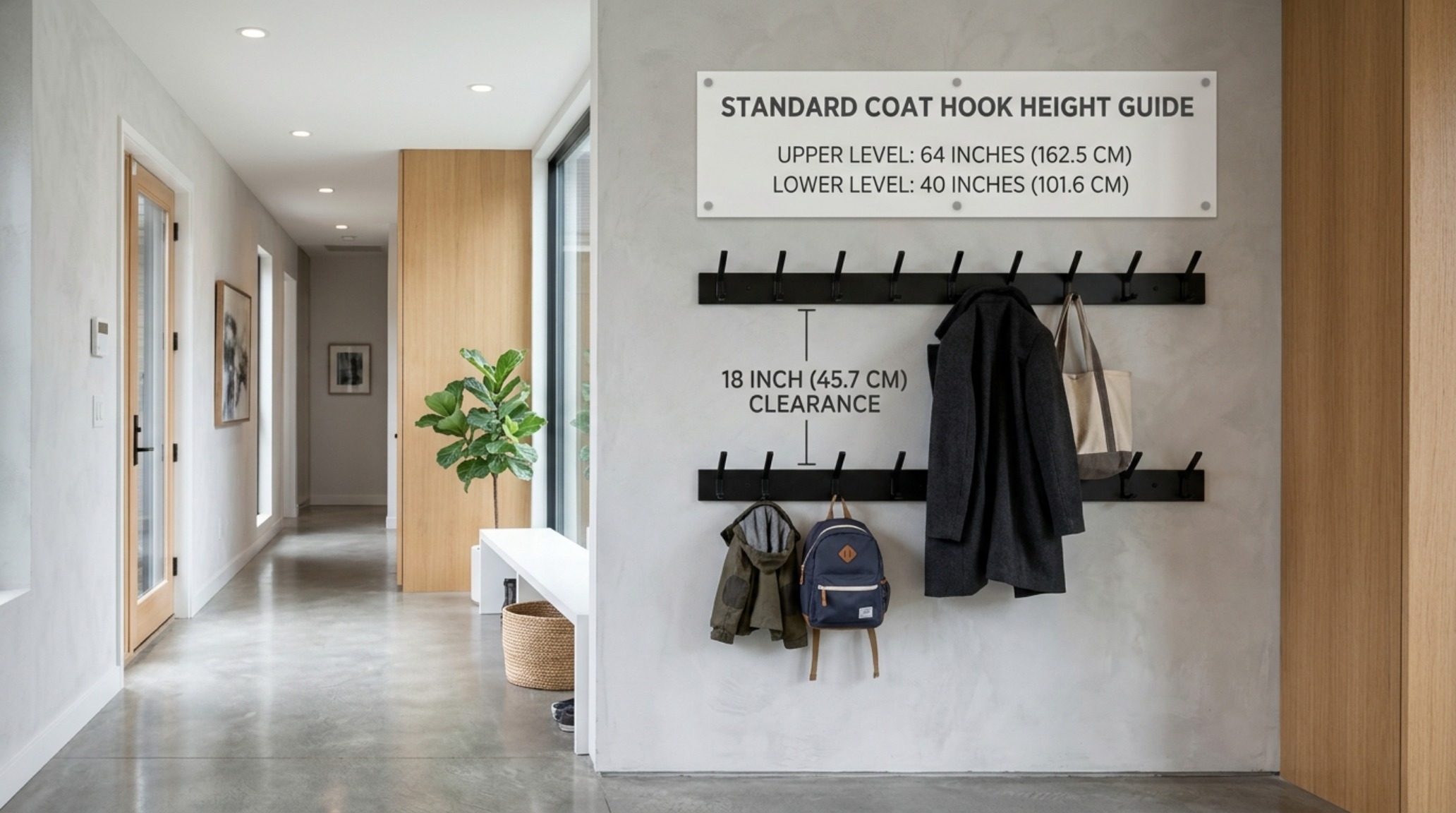 Standard coat hook height guide demonstrating the vertical 18-inch spacing between adult and child tiers in a bright corridor. Standard coat hook height guide demonstrating the vertical 18-inch spacing between adult and child tiers in a bright corridor.