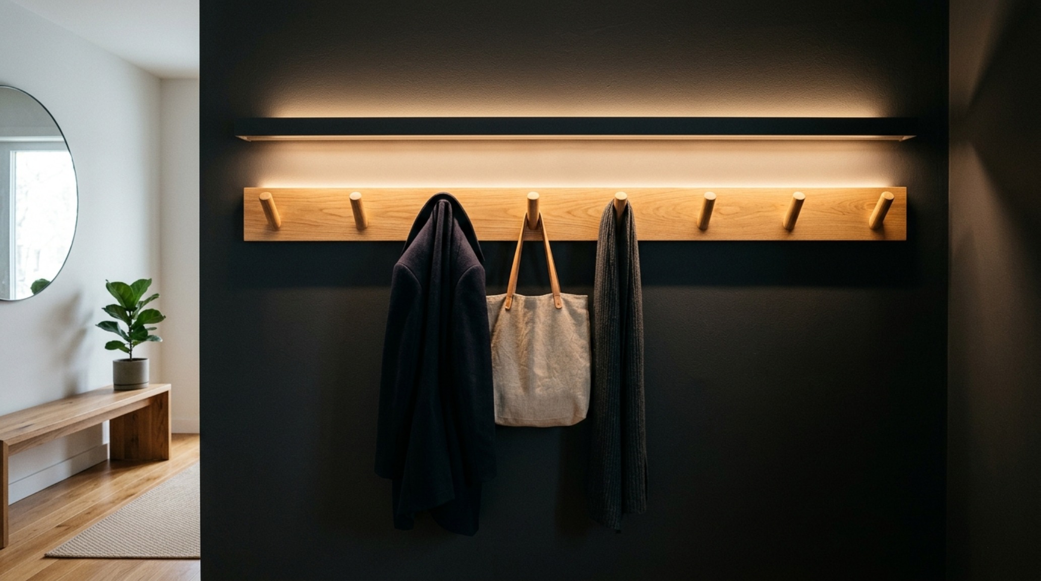 Modern minimalist coat rack DIY finished in Farrow & Ball Off-Black with sleek wooden pegs and indirect LED lighting. Modern minimalist coat rack DIY finished in Farrow & Ball Off-Black with sleek wooden pegs and indirect LED lighting.