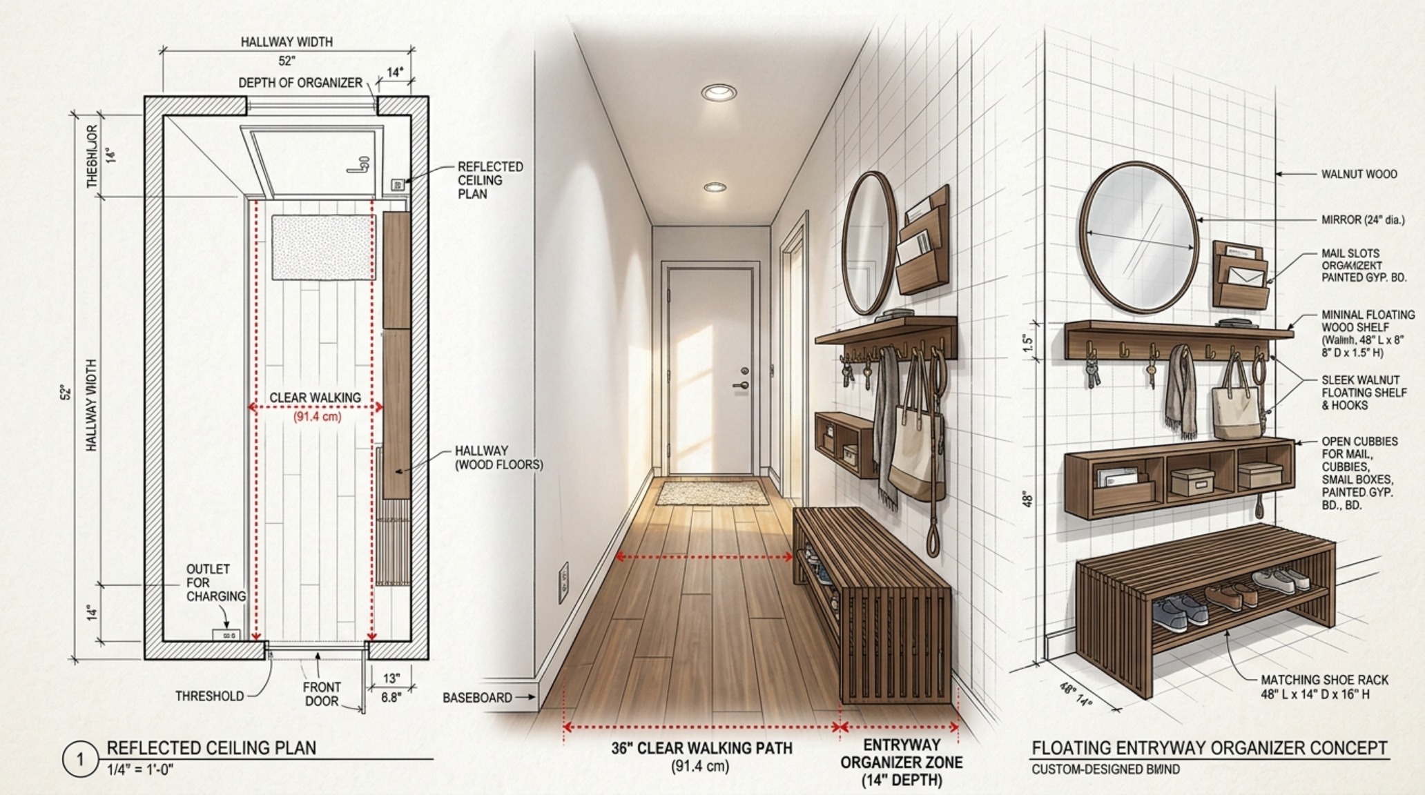 Floating entryway organizer blueprints showing the concealed mounting hardware and 36-inch hallway clearance profile. Floating entryway organizer blueprints showing the concealed mounting hardware and 36-inch hallway clearance profile.