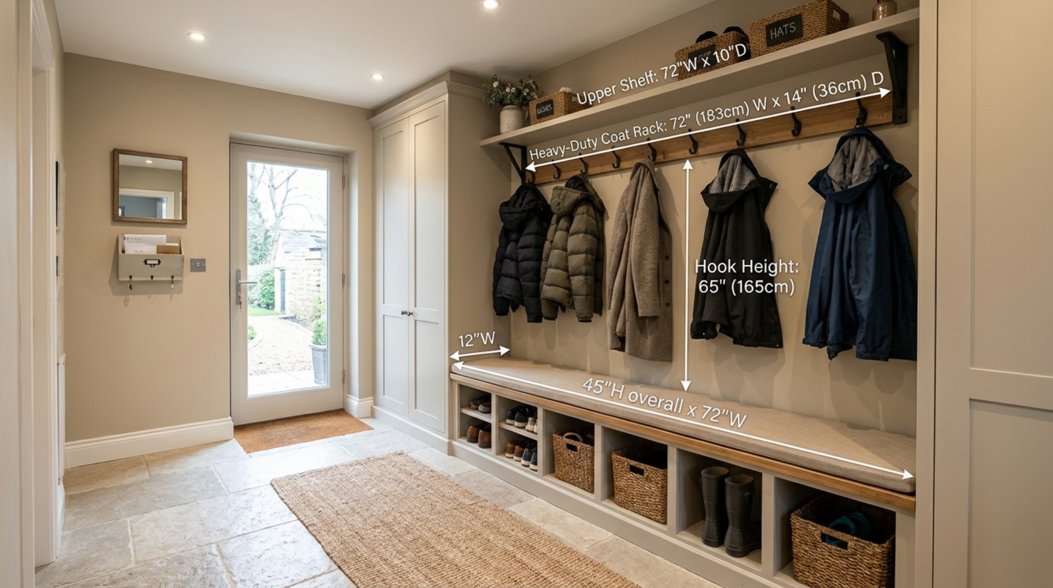 Heavy duty wall coat rack dimensions used in a mudroom with built-in cubbies and limestone flooring. Heavy duty wall coat rack dimensions used in a mudroom with built-in cubbies and limestone flooring.