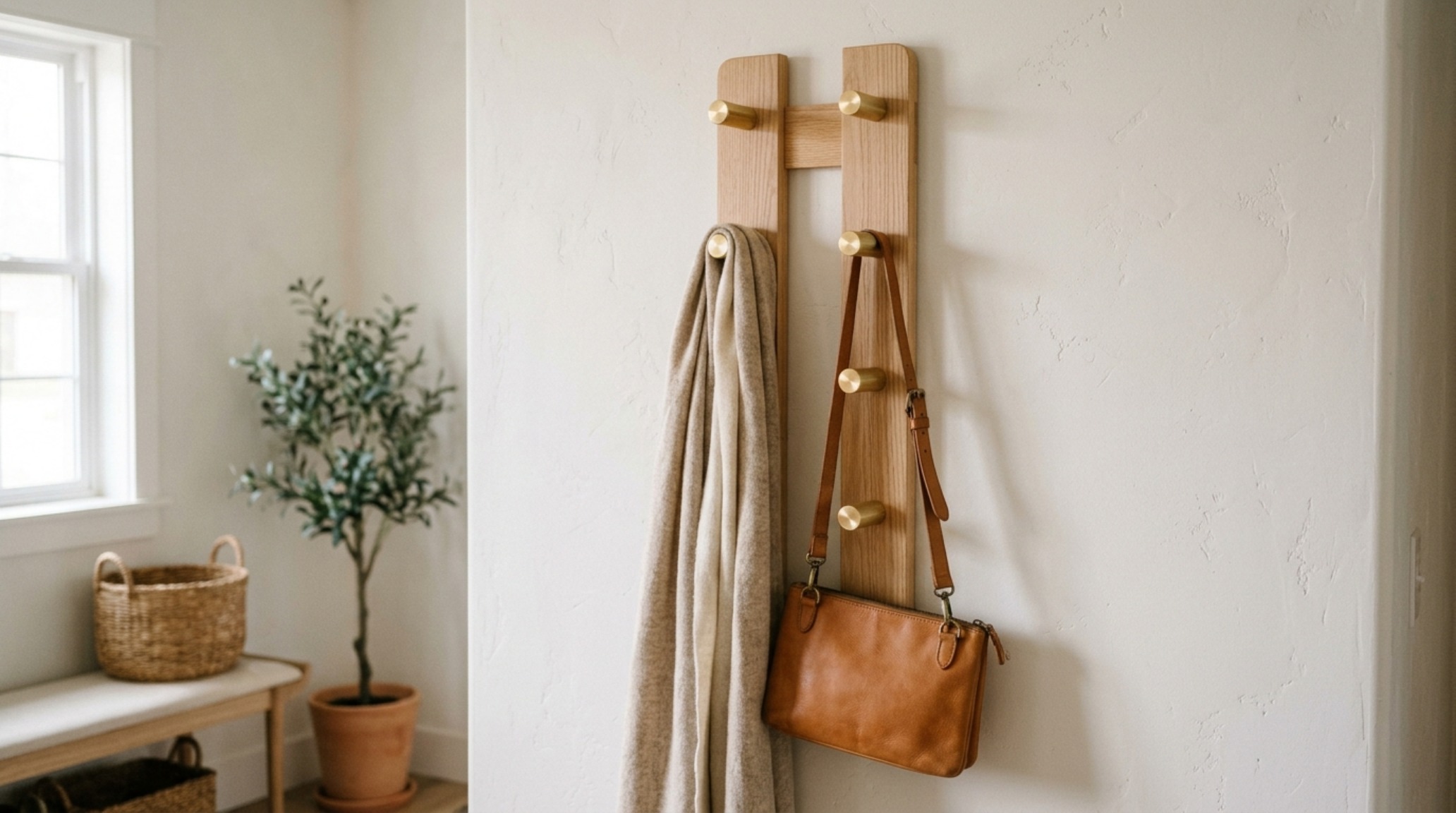 Modern minimalist coat rack DIY styled with linen bags and a small ceramic vase on a slender top shelf. Modern minimalist coat rack DIY styled with linen bags and a small ceramic vase on a slender top shelf.