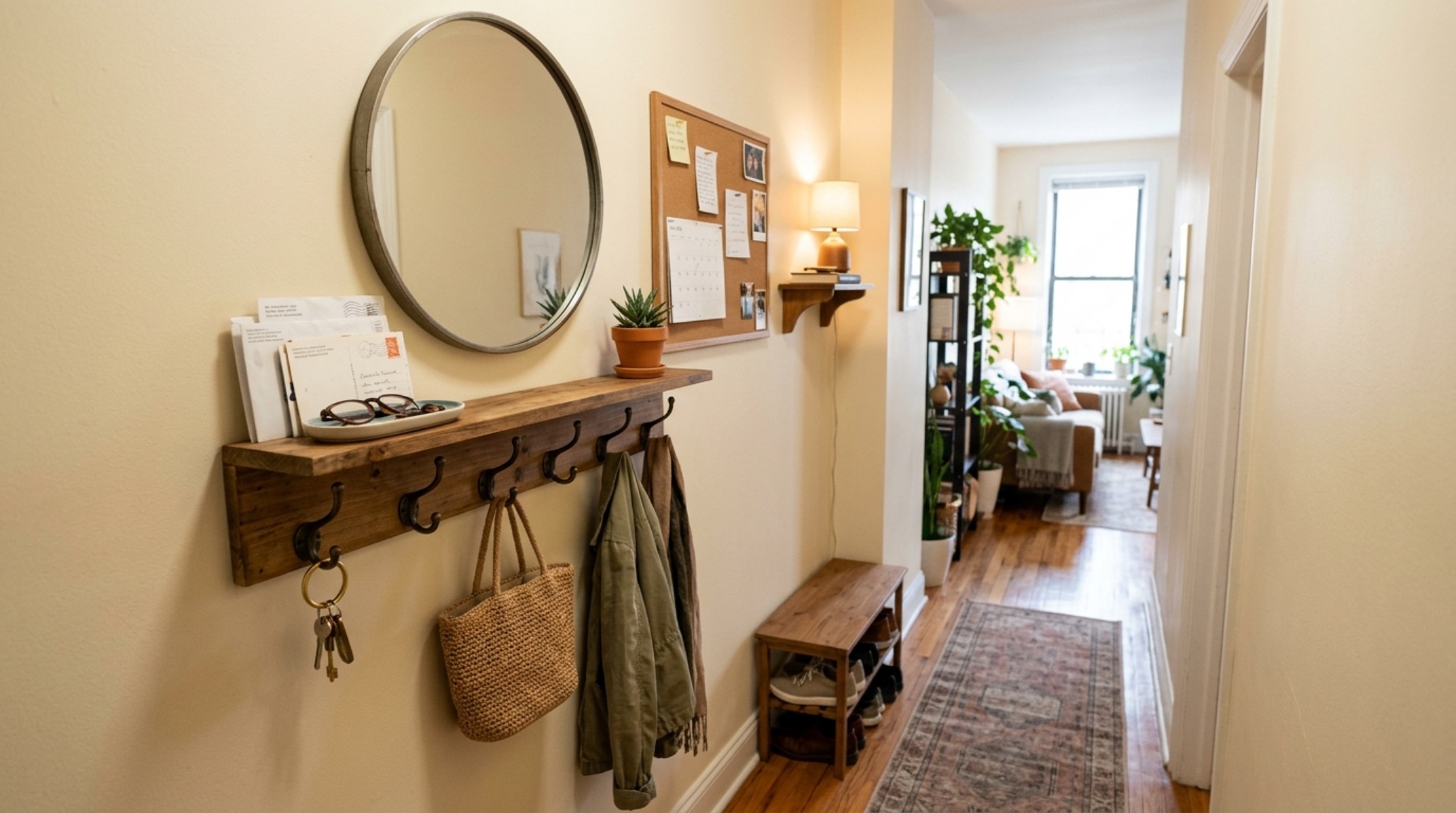 Entryway drop zone plans in a small apartment utilizing a 12-inch deep console and vertical hook rails. Entryway drop zone plans in a small apartment utilizing a 12-inch deep console and vertical hook rails.