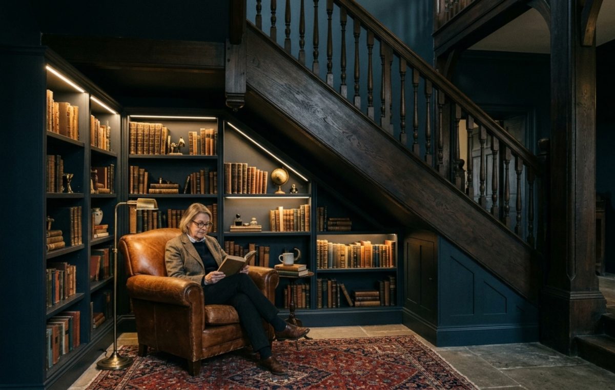 A sophisticated library under stairs featuring Farrow and Ball Hague Blue color-drenched shelving and a vintage cognac leather armchair.