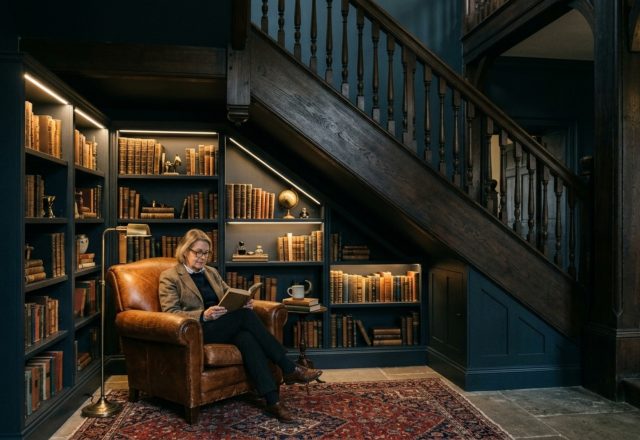 A sophisticated library under stairs featuring Farrow and Ball Hague Blue color-drenched shelving and a vintage cognac leather armchair.