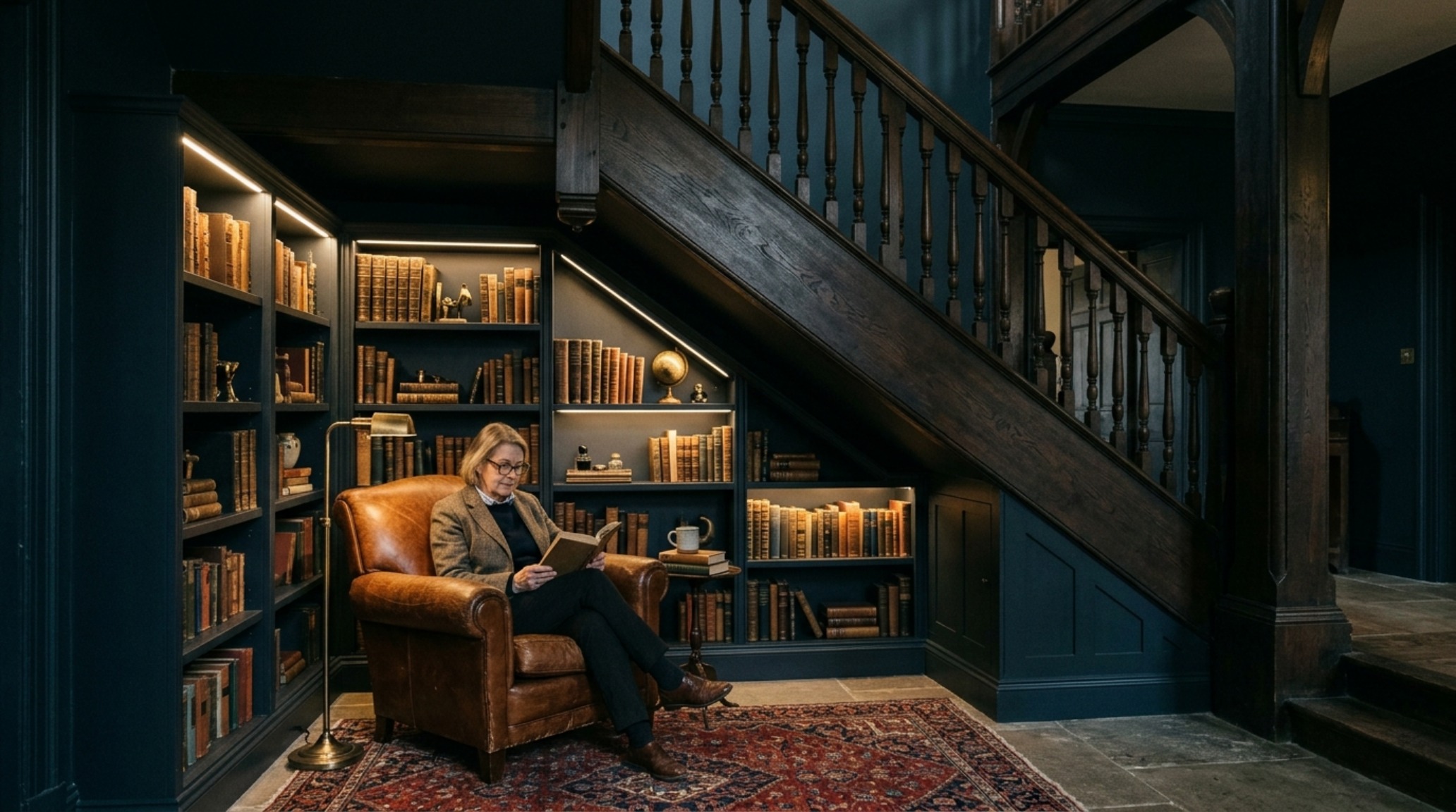 A sophisticated library under stairs featuring Farrow and Ball Hague Blue color-drenched shelving and a vintage cognac leather armchair. A sophisticated library under stairs featuring Farrow and Ball Hague Blue color-drenched shelving and a vintage cognac leather armchair.