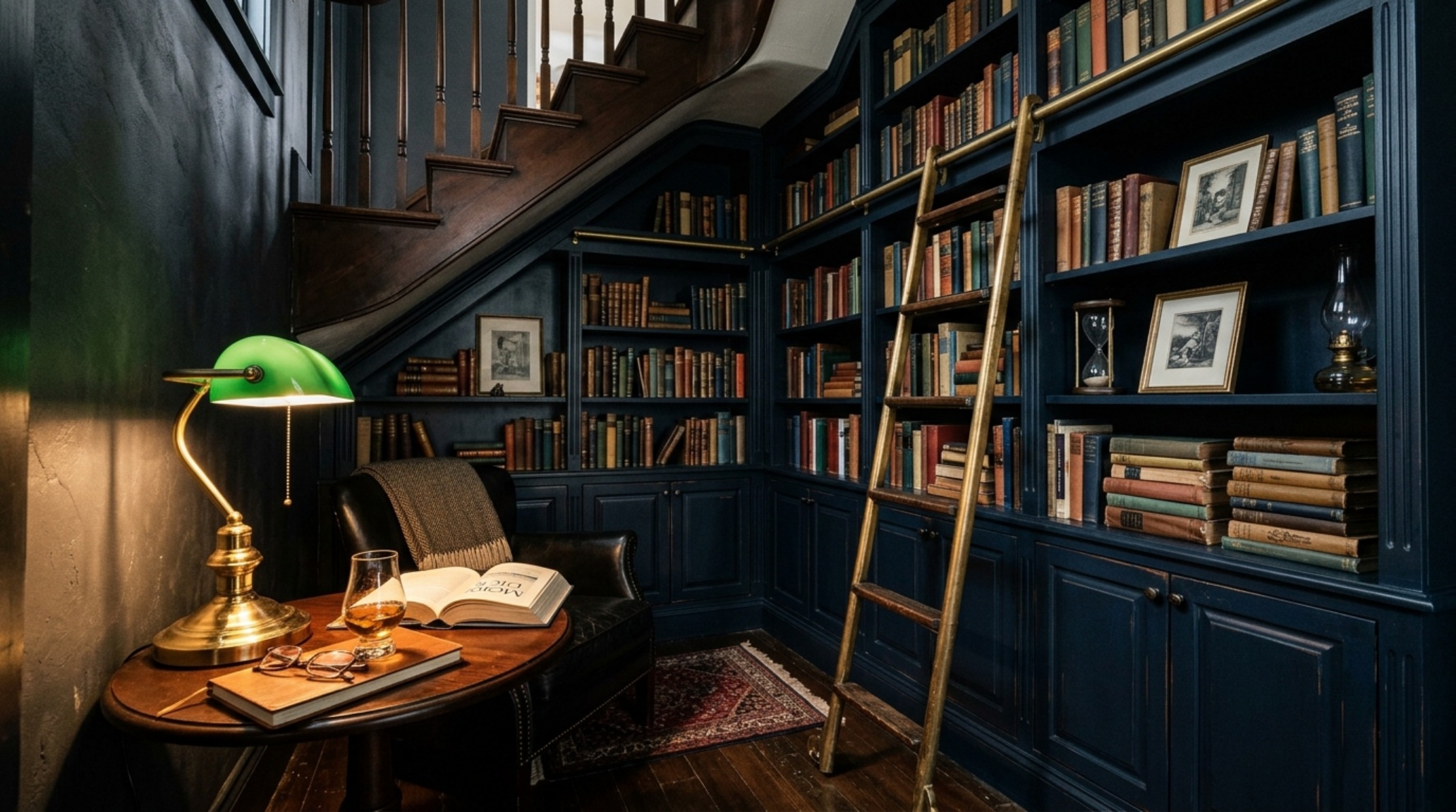 Minimalist library under stairs with floating white shelves and a perfectly aligned 36-inch walkway clearance. Minimalist library under stairs with floating white shelves and a perfectly aligned 36-inch walkway clearance.