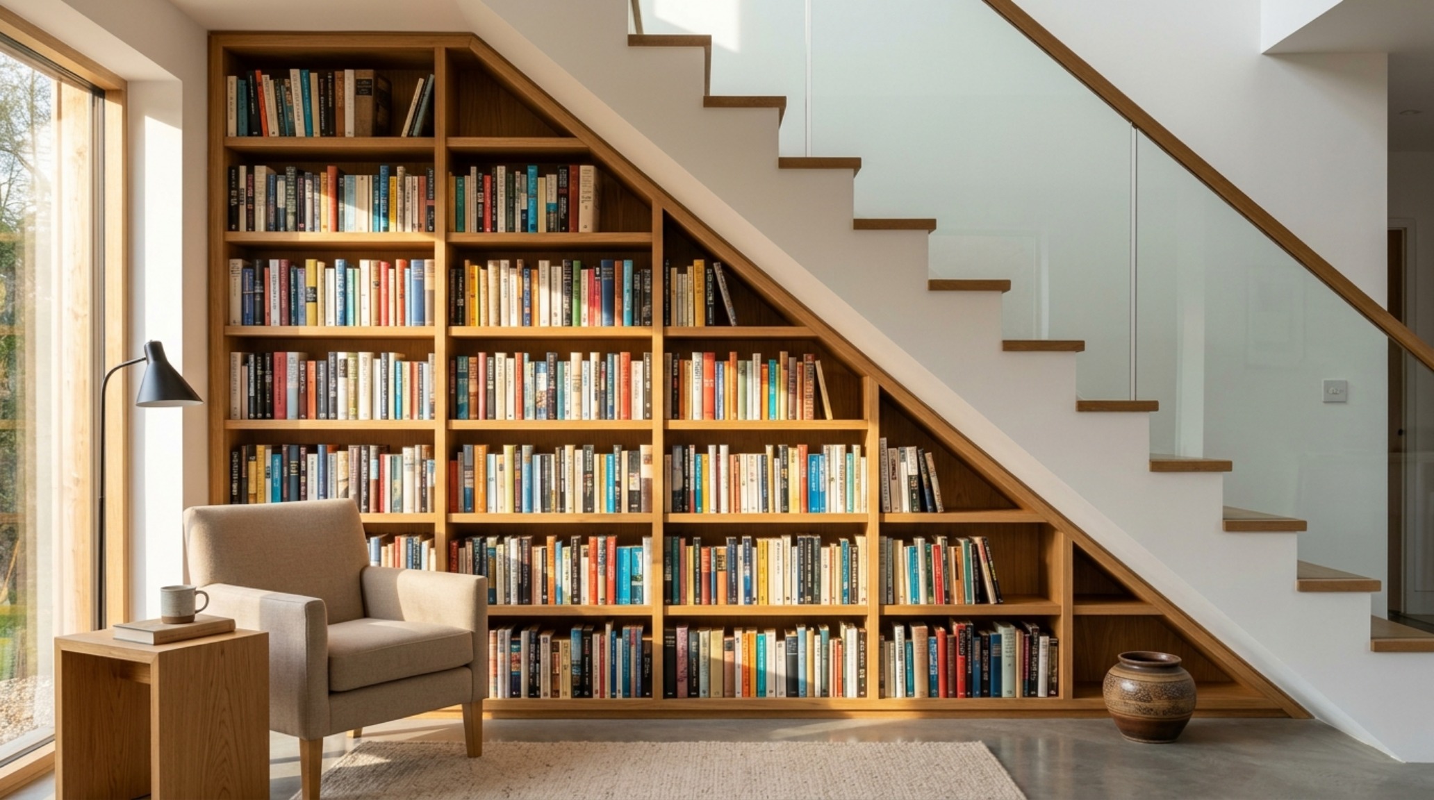 Bespoke staircase bookshelf ideas showing custom oak joinery following the diagonal pitch of a modern white staircase. Bespoke staircase bookshelf ideas showing custom oak joinery following the diagonal pitch of a modern white staircase.