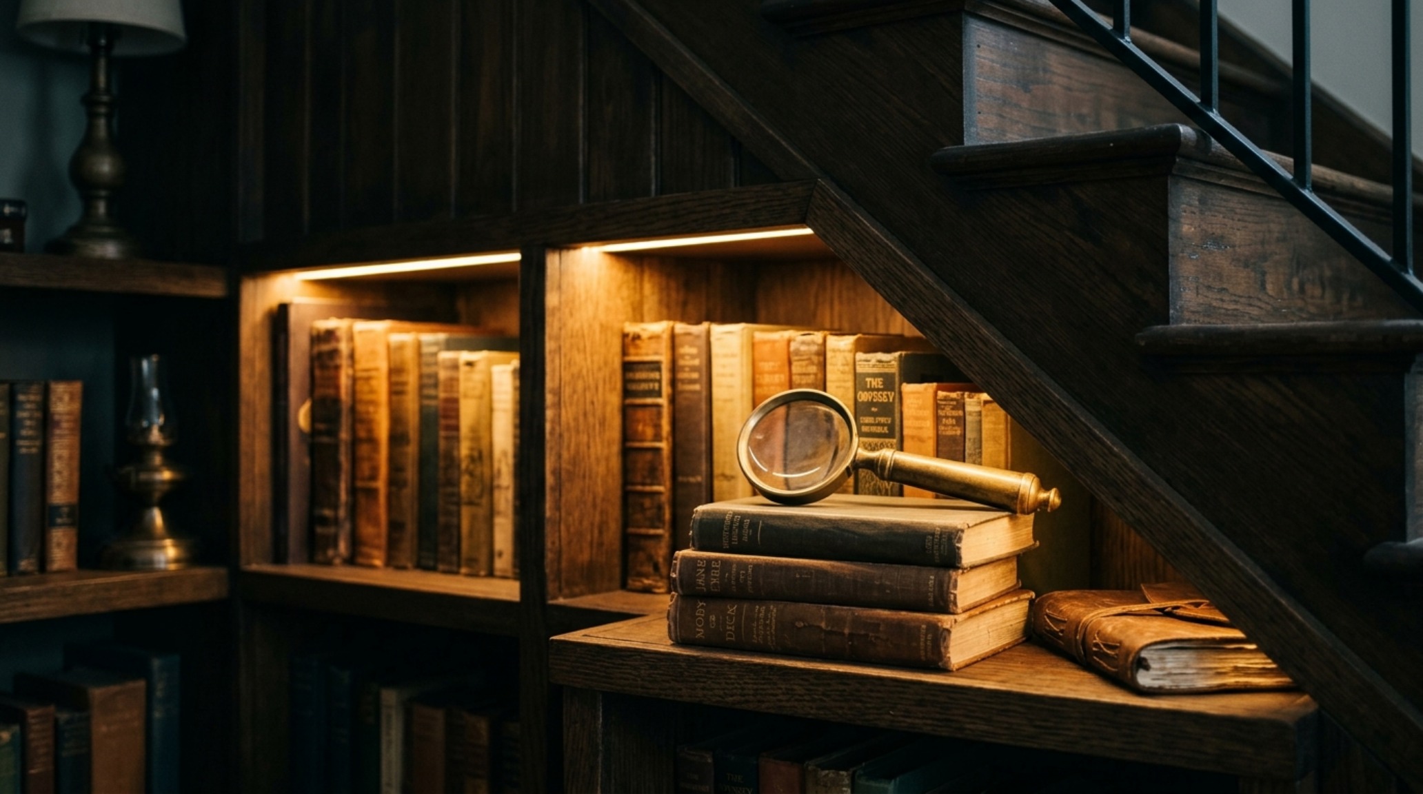 Close-up of a reading corner under stairs lighting setup with 2700K recessed LED strips illuminating old book spines and brass hardware. Close-up of a reading corner under stairs lighting setup with 2700K recessed LED strips illuminating old book spines and brass hardware.