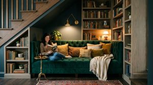 The Midnight Reader’s Sanctuary: Atmospheric Textures And 2700K Glow Under The Stairs – Visual 4