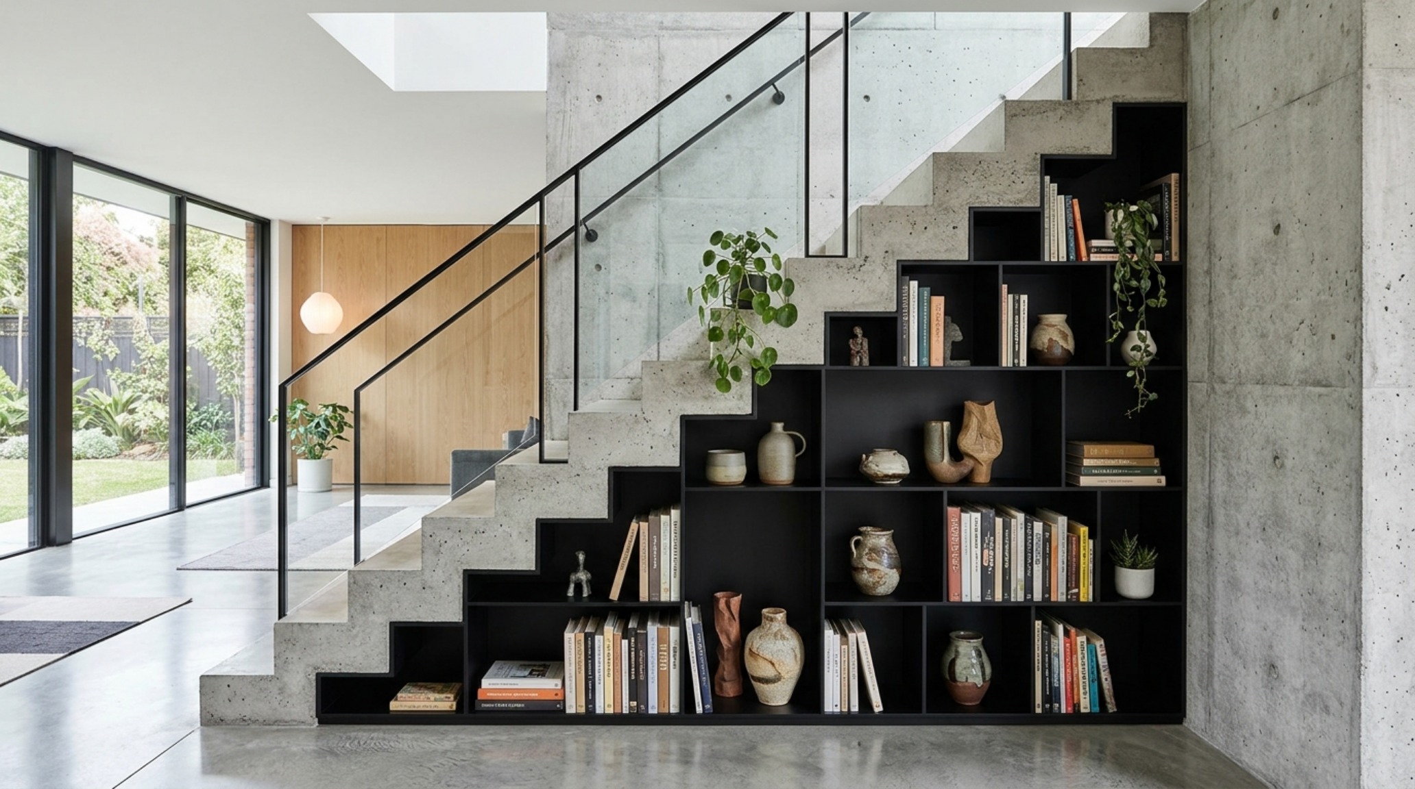 Architectural view of a modern under stairs shelving layout with asymmetrical compartments and a high-contrast matte black finish. Architectural view of a modern under stairs shelving layout with asymmetrical compartments and a high-contrast matte black finish.